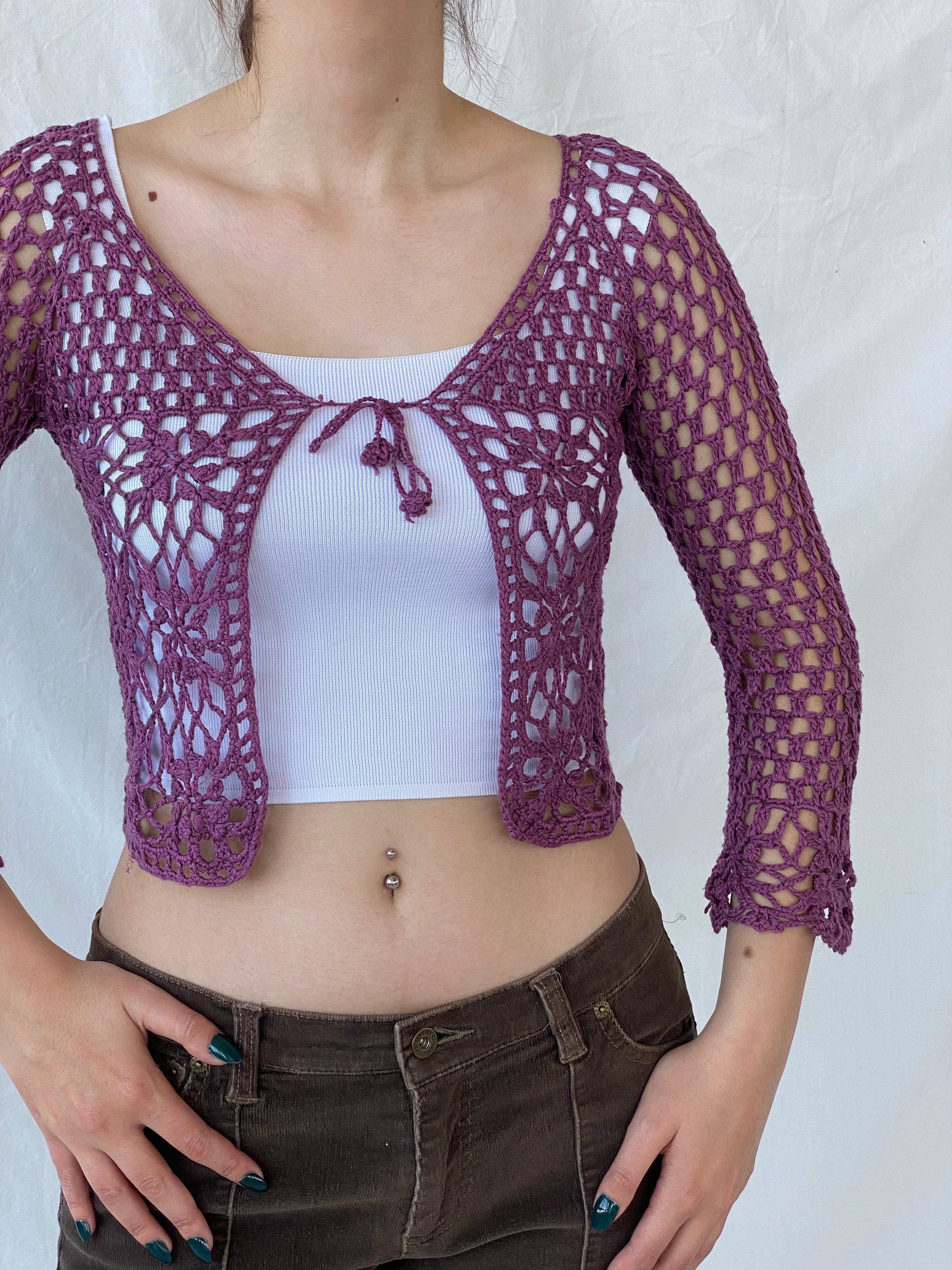 Vintage In Fashion Purple Crochet Cropped Women’s Cardigan - S - Balagan Vintage Cardigan 00s, Ayah, cardigan, consignment, crochet, NEW IN, Tasnim, women top