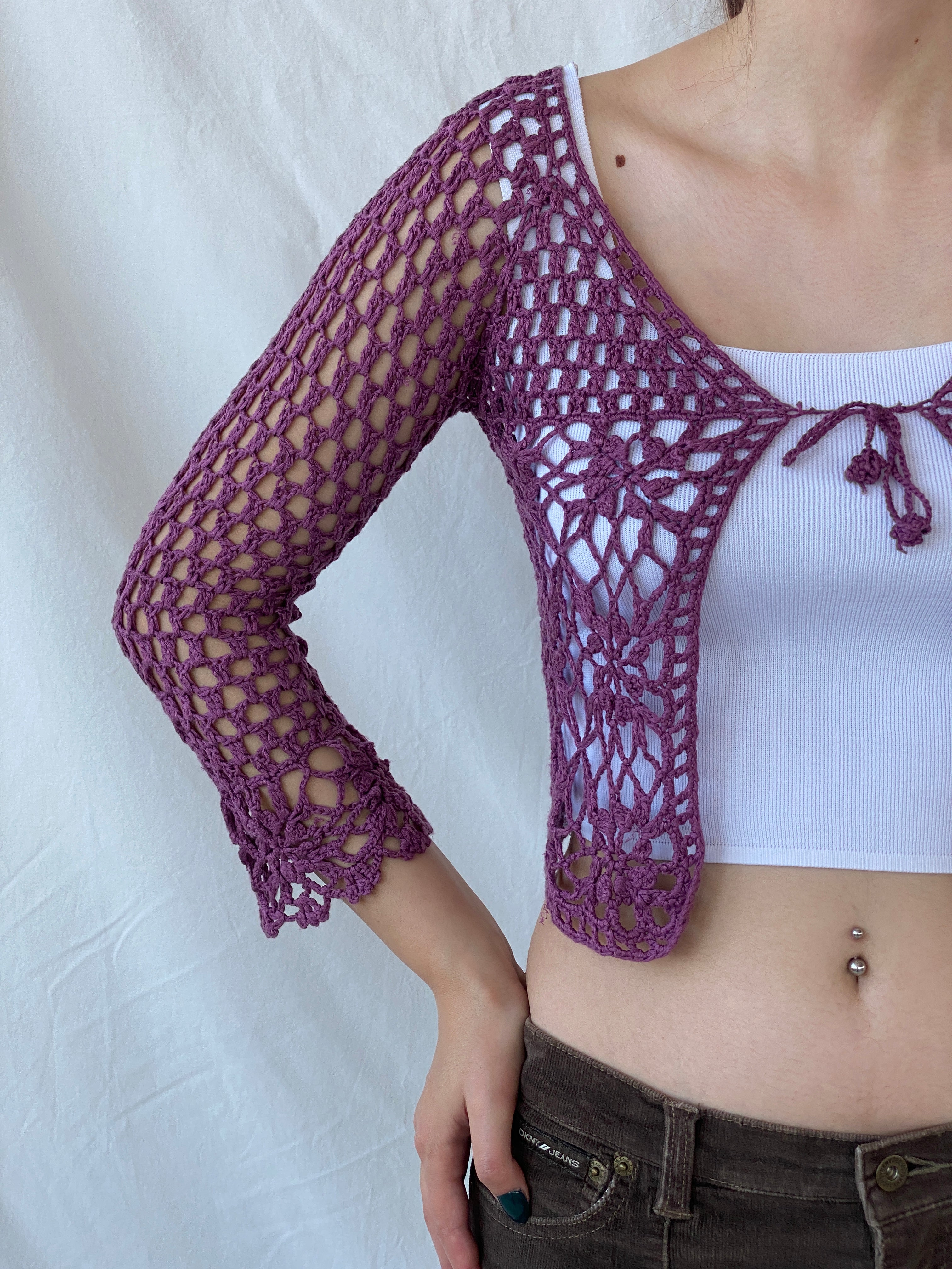 Vintage In Fashion Purple Crochet Cropped Women’s Cardigan - S - Balagan Vintage Cardigan 00s, Ayah, cardigan, consignment, crochet, NEW IN, Tasnim, women top