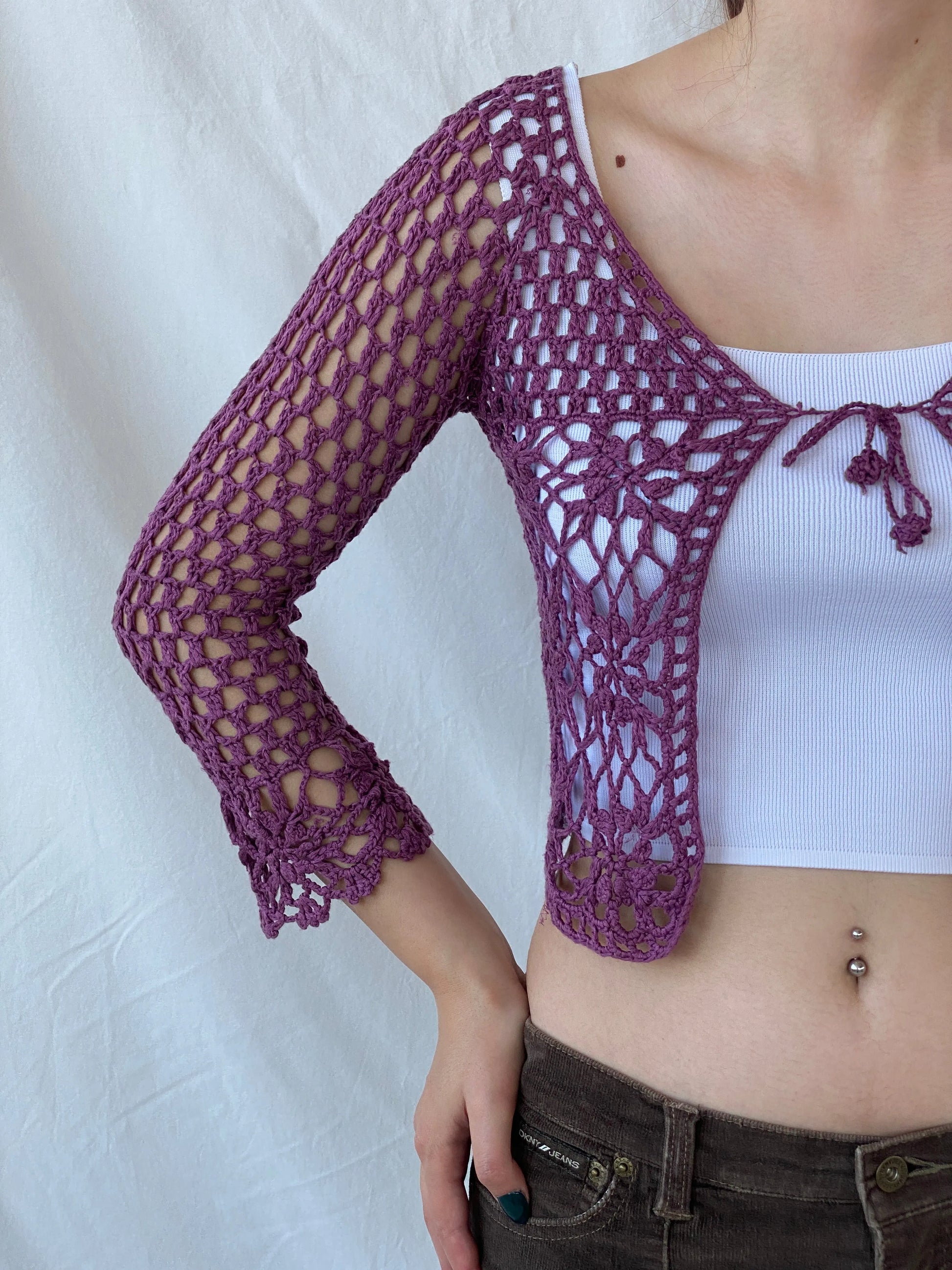 Vintage In Fashion Purple Crochet Cropped Women’s Cardigan - S - Balagan Vintage Cardigan 00s, Ayah, cardigan, consignment, crochet, Tasnim, women top