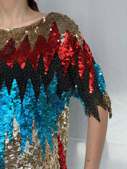Vintage Iris Zig Zag Sequin and Sheer Midi Party Dress - L - Balagan Vintage Midi Dress 00s dress, 90s, Ayah, midi dress