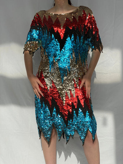 Vintage Iris Zig Zag Sequin and Sheer Midi Party Dress - L - Balagan Vintage Midi Dress 00s dress, 90s, Ayah, midi dress