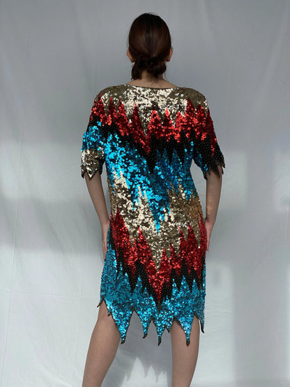 Vintage Iris Zig Zag Sequin and Sheer Midi Party Dress - L - Balagan Vintage Midi Dress 00s dress, 90s, Ayah, midi dress