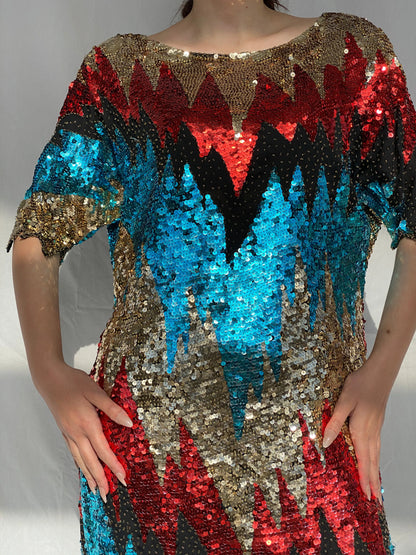 Vintage Iris Zig Zag Sequin and Sheer Midi Party Dress - L - Balagan Vintage Midi Dress 00s dress, 90s, Ayah, midi dress