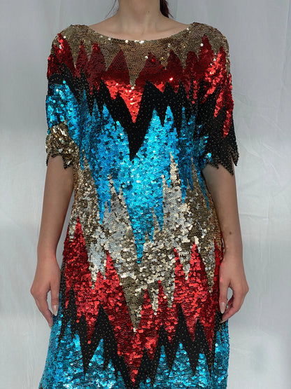 Vintage Iris Zig Zag Sequin and Sheer Midi Party Dress - L - Balagan Vintage Midi Dress 00s dress, 90s, Ayah, midi dress