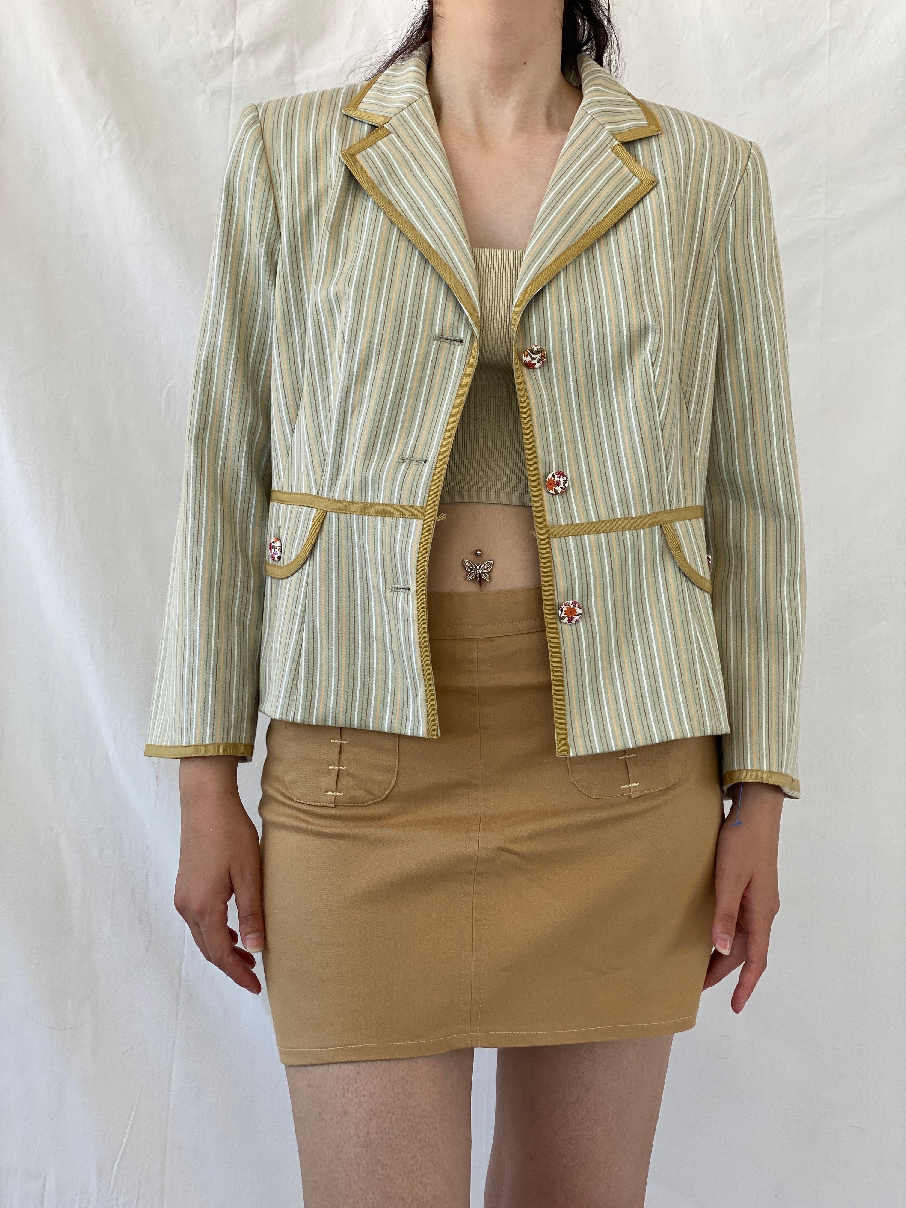Vintage Isabel & Nina Green Striped Floral Buttons Blazer - XL - Balagan Vintage Blazer 00s, Ayah, blazer, Coats&Jackets, consignment, denim, full sleeve blazer, Tasnim, winter, Women's Blazers