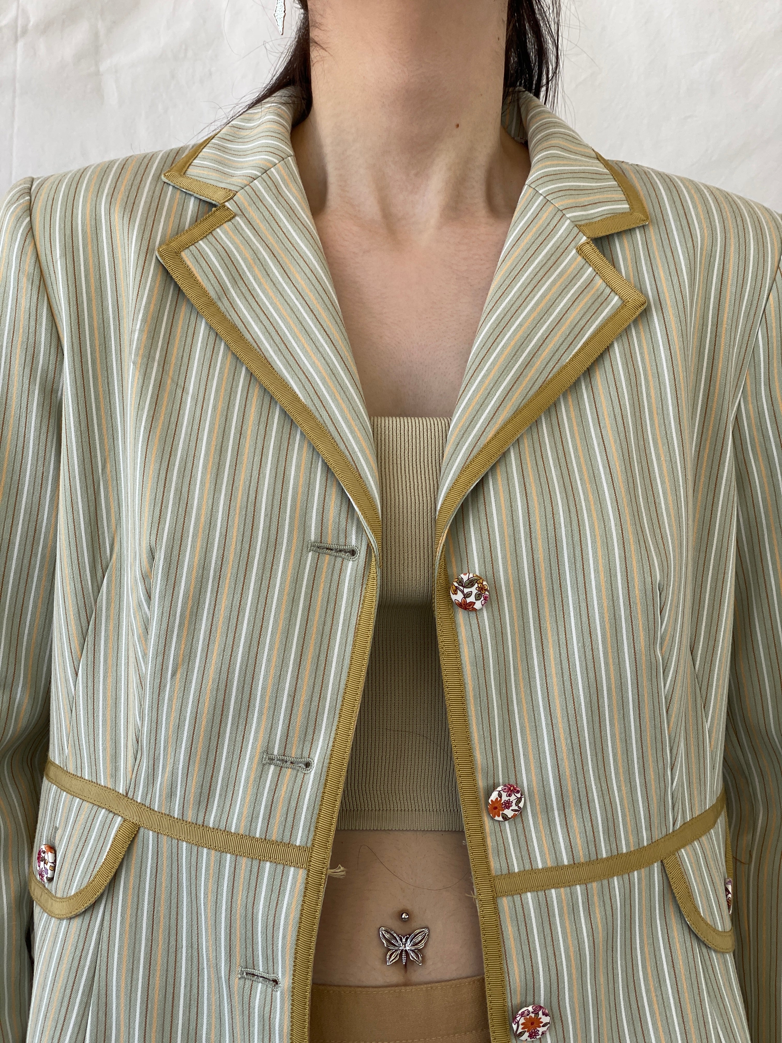 Vintage Isabel & Nina Green Striped Floral Buttons Blazer - XL - Balagan Vintage Blazer 00s, Ayah, blazer, Coats&Jackets, consignment, denim, full sleeve blazer, Tasnim, winter, Women's Blazers