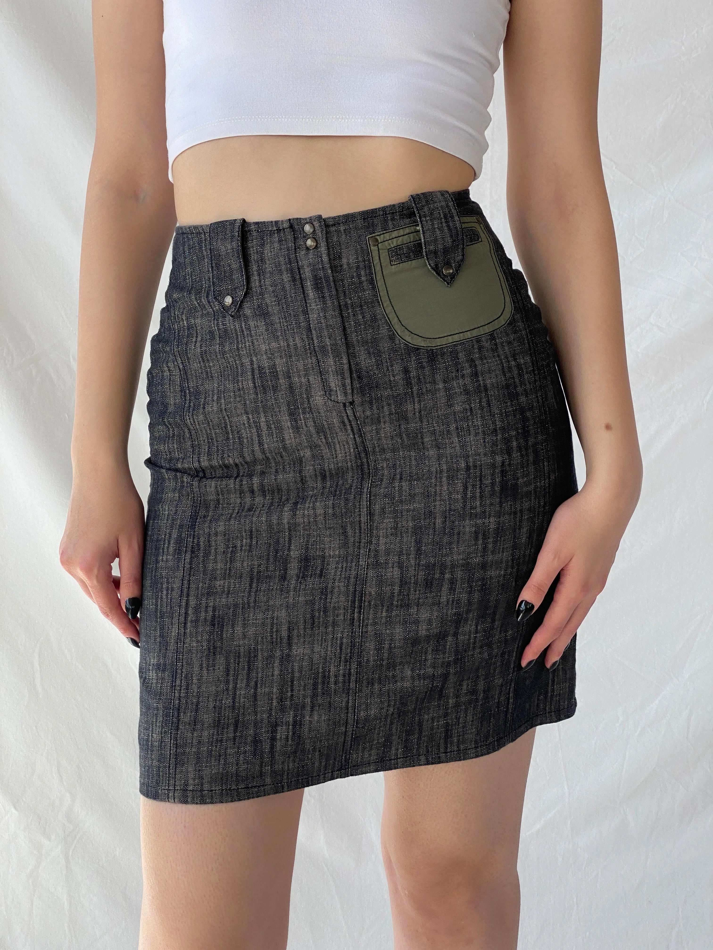 Vintage Jacqueline Riu Black Crystal-Cut Denim Mini Skirt - S - Balagan Vintage Mini Skirt Ayah, denim, denim skirt, mini skirt, winter