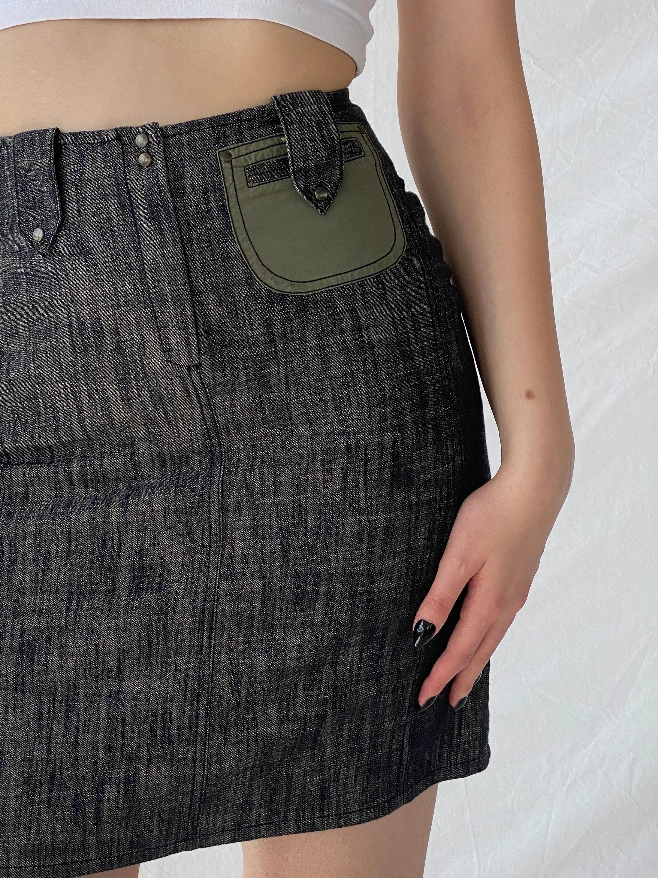 Vintage Jacqueline Riu Black Crystal-Cut Denim Mini Skirt - S - Balagan Vintage Mini Skirt Ayah, denim, denim skirt, mini skirt, winter