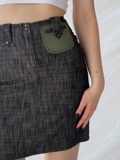 Vintage Jacqueline Riu Black Crystal-Cut Denim Mini Skirt - S - Balagan Vintage Mini Skirt Ayah, denim, denim skirt, mini skirt, winter