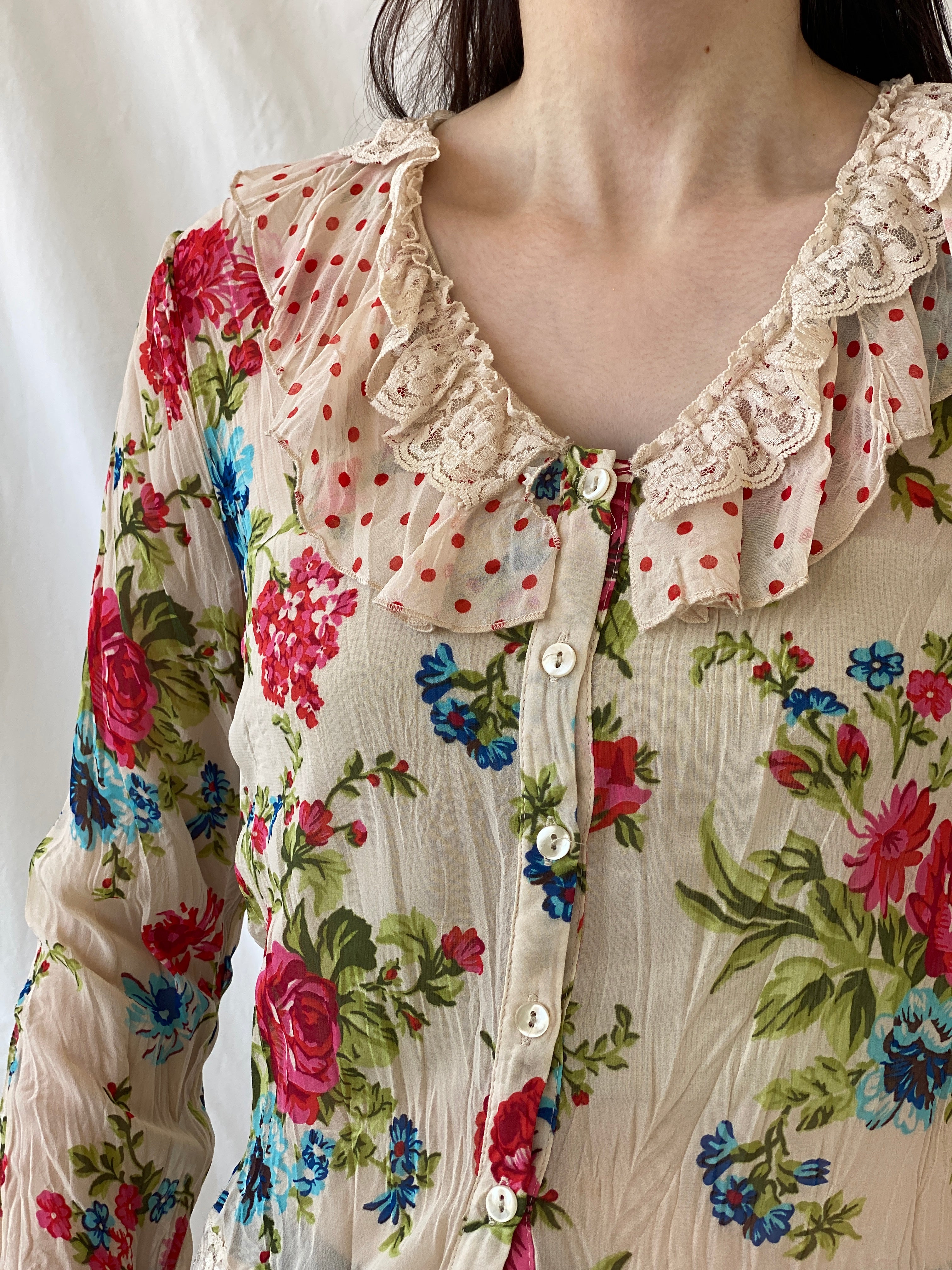 Vintage Jacqueline Riu Floral Ruffle Button-Up Blouse Cottagecore Romantic Lace Top - S - Balagan Vintage Full Sleeve Shirt Ayah, floral, floral print, floral shirt, full sleeve shirt, NEW IN, shirt, women shirt