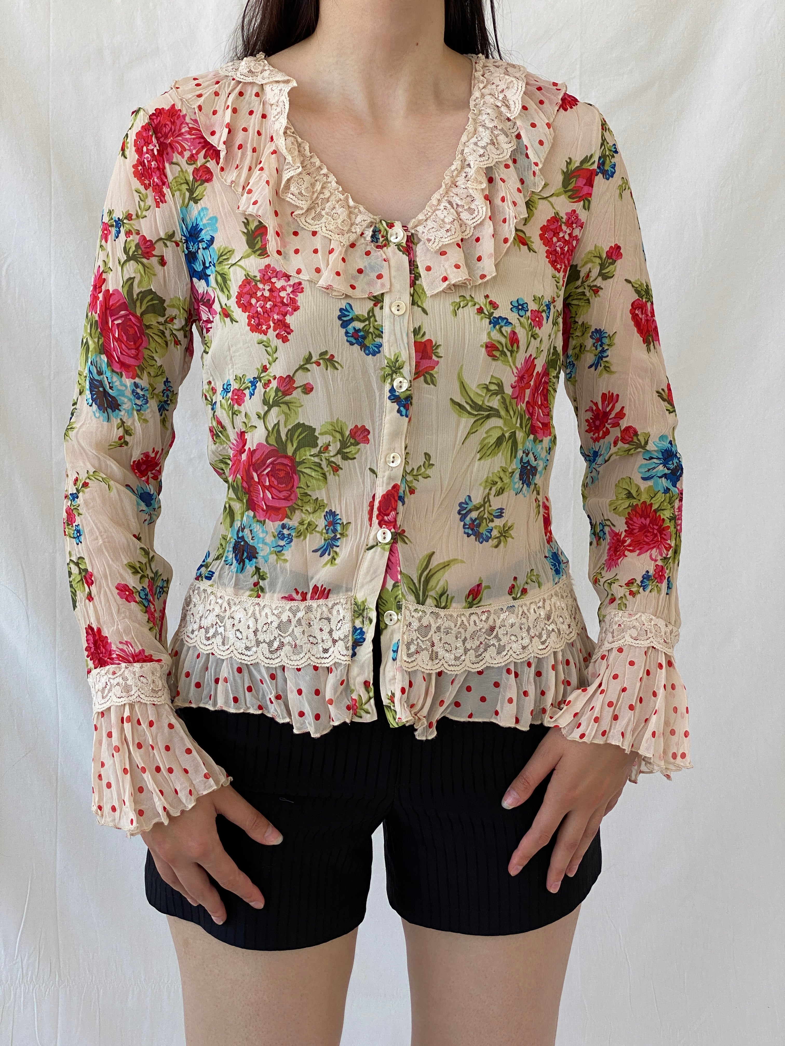 Vintage Jacqueline Riu Floral Ruffle Button-Up Blouse Cottagecore Romantic Lace Top - S - Balagan Vintage Full Sleeve Shirt Ayah, floral, floral print, floral shirt, full sleeve shirt, NEW IN, shirt, women shirt