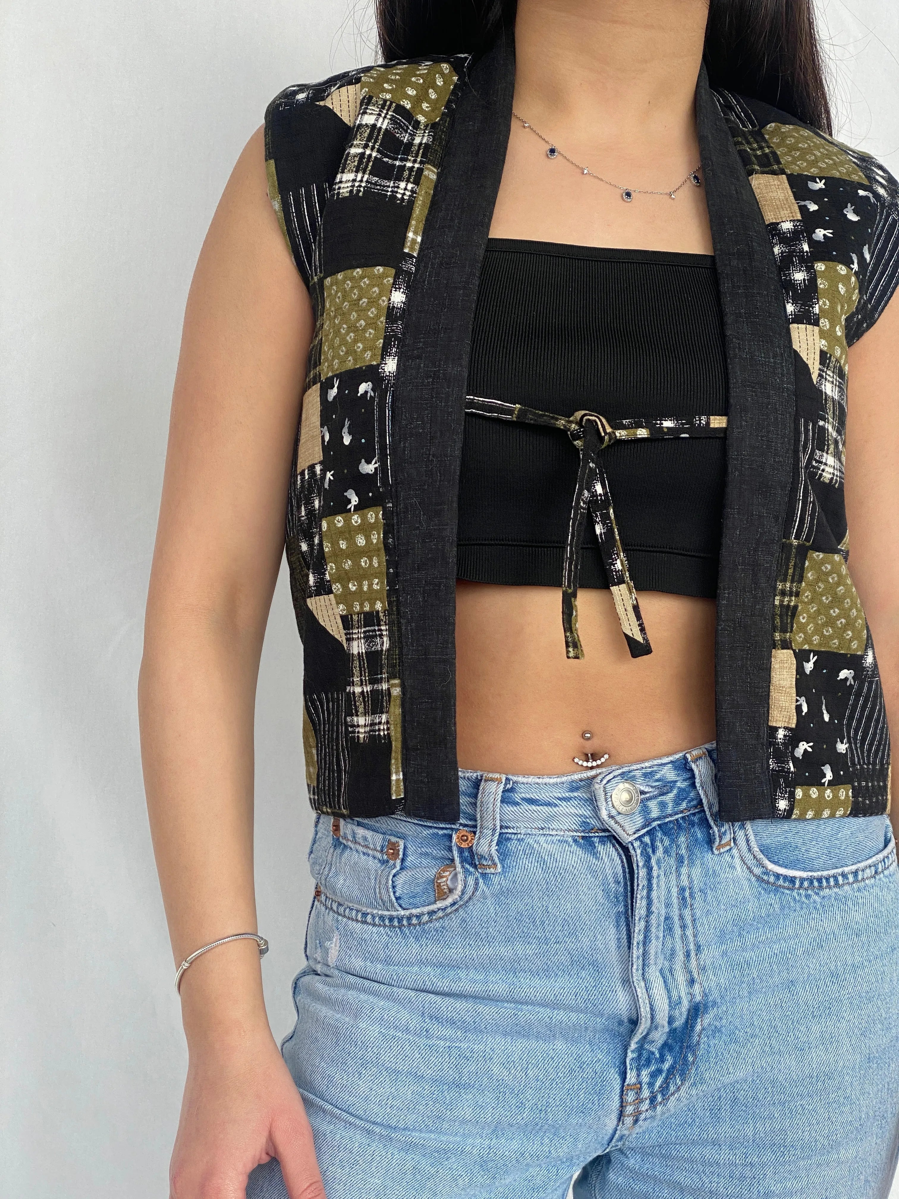 Vintage Japanese Green & Black Patchwork Tie-Front Vest with Embroidered Back - XS - Balagan Vintage Vest 00s, black vest, Fatima, vest, women top