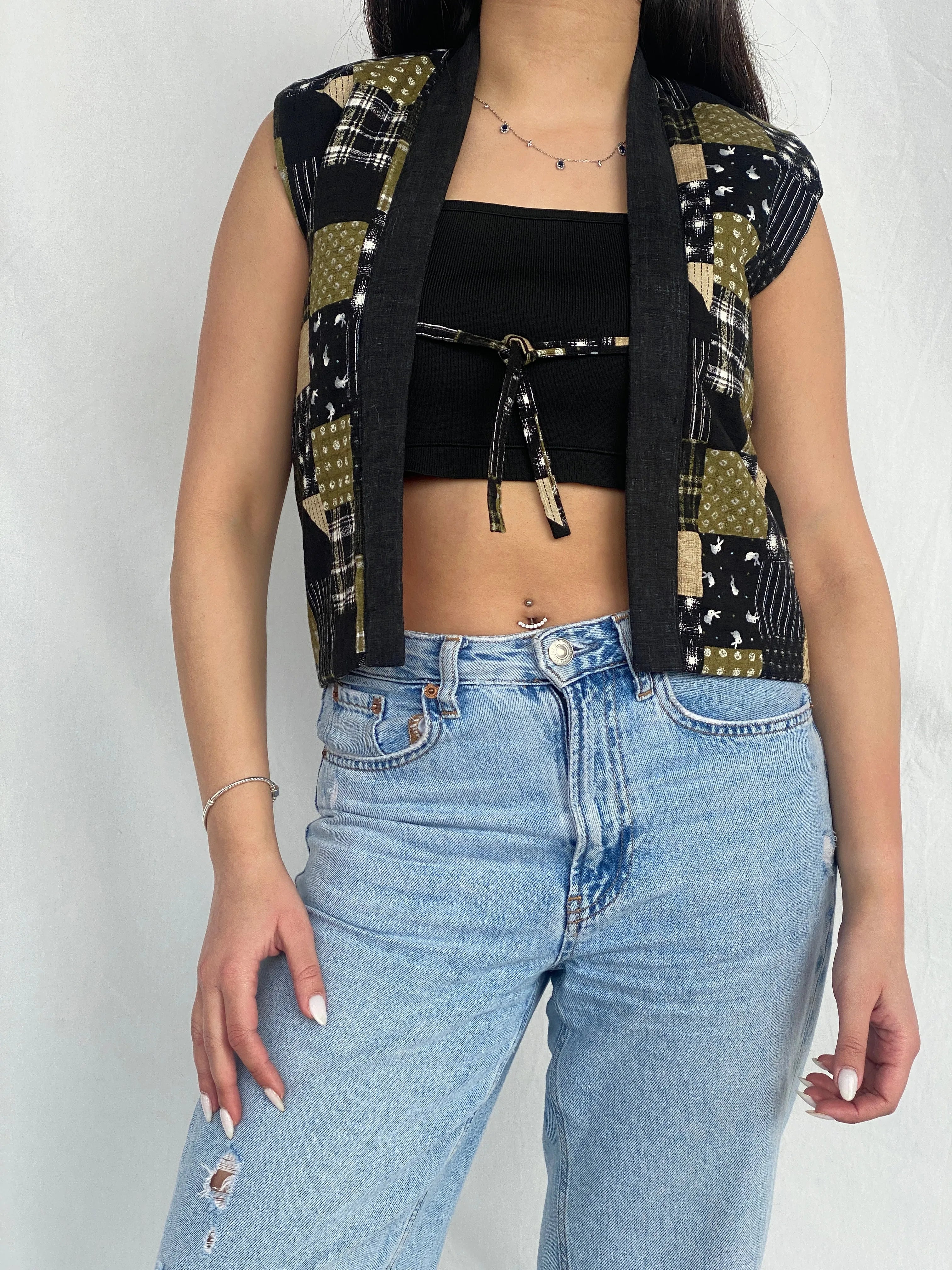 Vintage Japanese Green & Black Patchwork Tie-Front Vest with Embroidered Back - XS - Balagan Vintage Vest 00s, black vest, Fatima, vest, women top