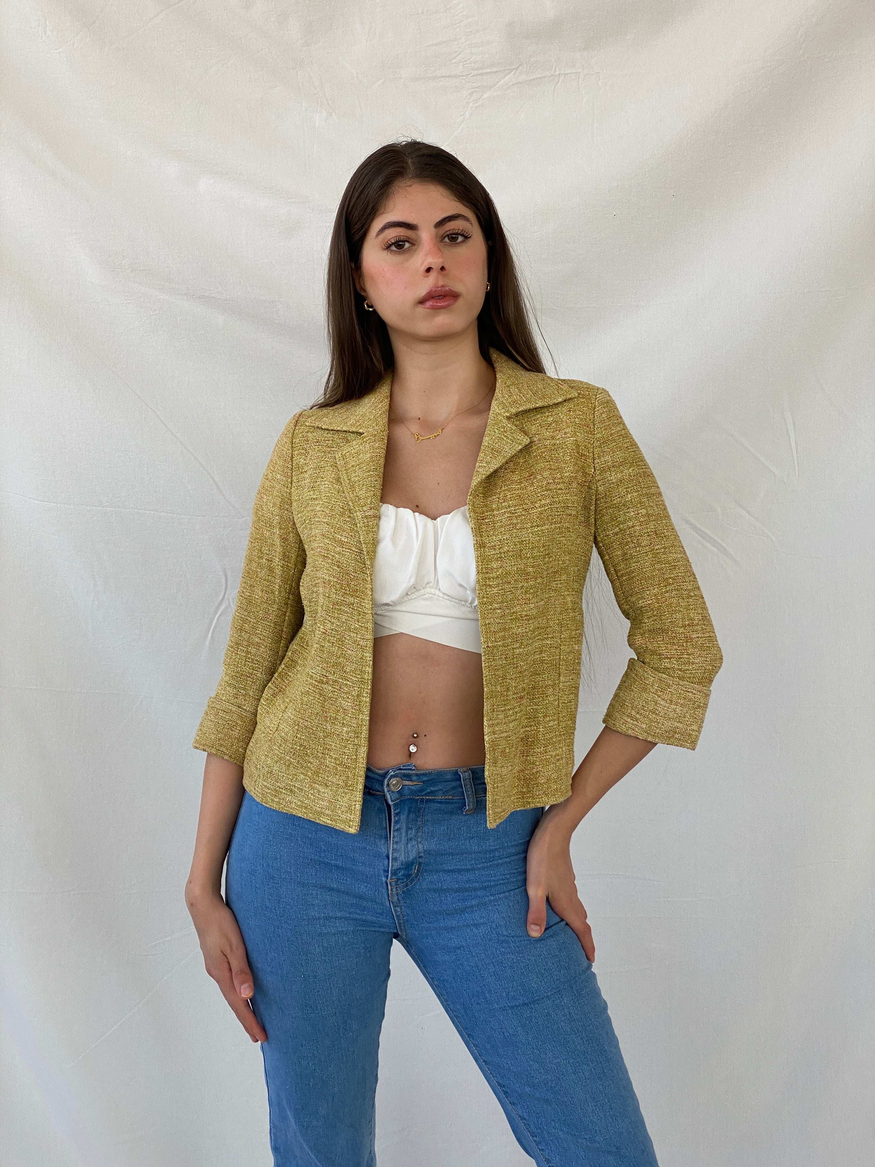 Vintage Jesiré Yellow Tweed Silk 3/4 Sleeve Blazer - M - Balagan Vintage Blazer 90s, blazer, full sleeve blazer, Mira, silk, winter