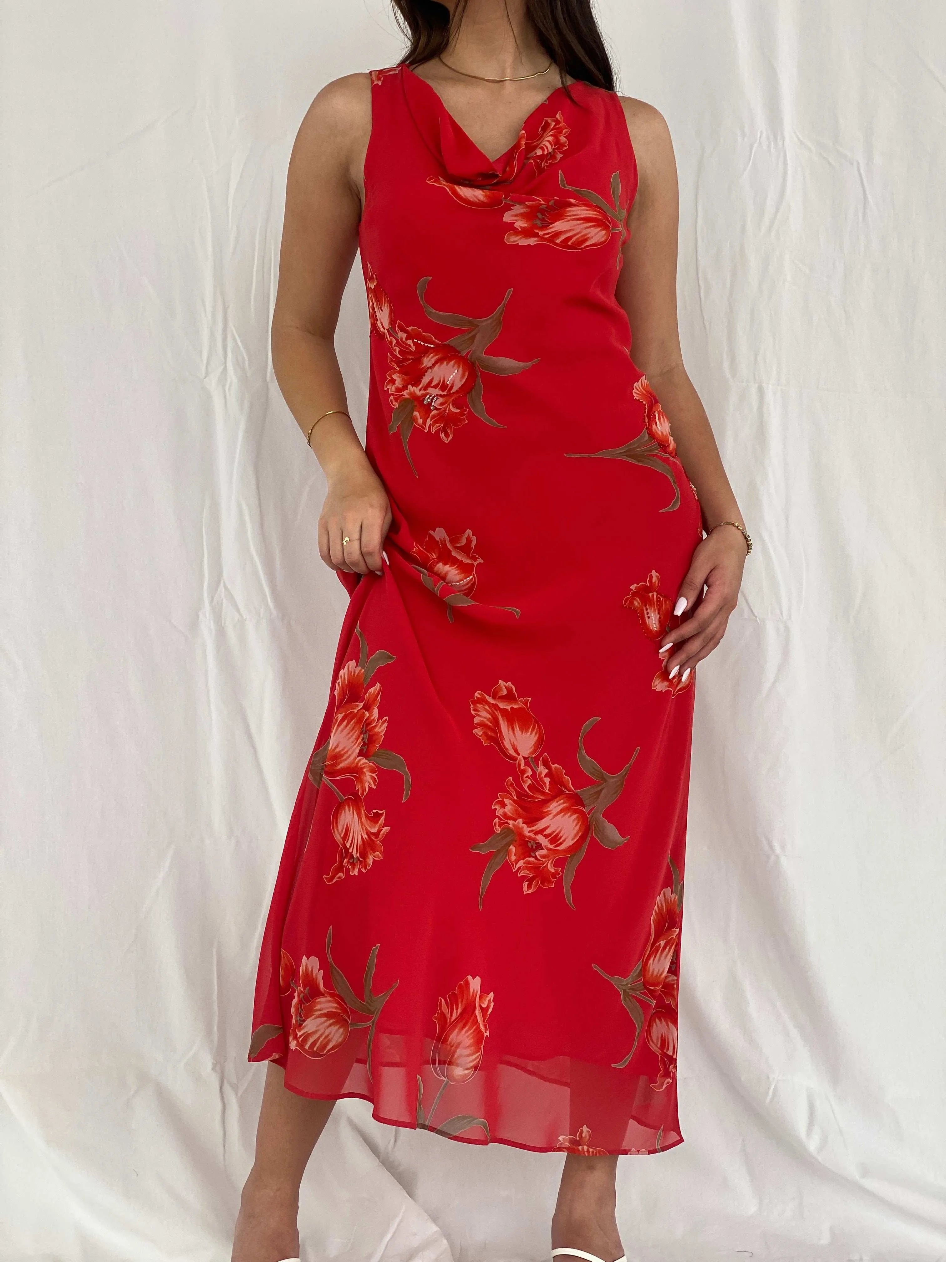 Vintage Jessica Howard Red Floral Maxi Dress Size M - Balagan Vintage Maxi Dress 90s, 90s dress, floral dress, maxi dress, Rama, Wedding Guest