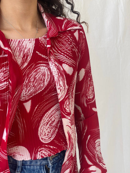 Vintage Jiabin Pleated Red & White Top & Cardigan Women’s Set - M - Balagan Vintage Cardigan 00s, cardigan, Celine, floral, Office core, women shirt