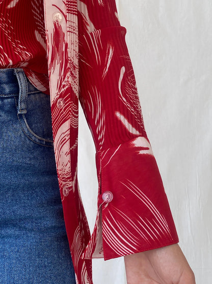 Vintage Jiabin Pleated Red & White Top & Cardigan Women’s Set - M - Balagan Vintage Cardigan 00s, cardigan, Celine, floral, Office core, women shirt