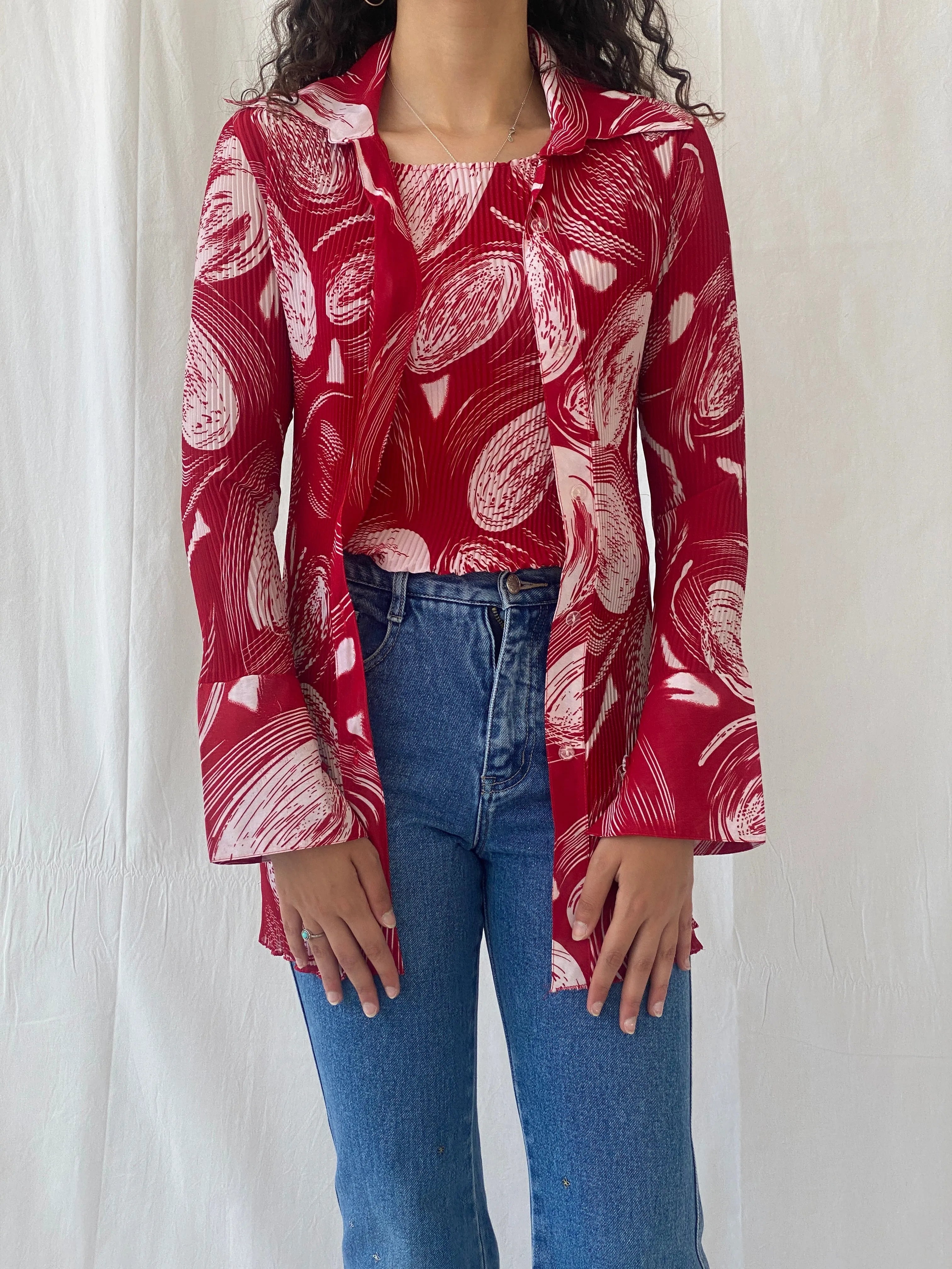 Vintage Jiabin Pleated Red & White Top & Cardigan Women’s Set - M - Balagan Vintage Cardigan 00s, cardigan, Celine, floral, Office core, women shirt