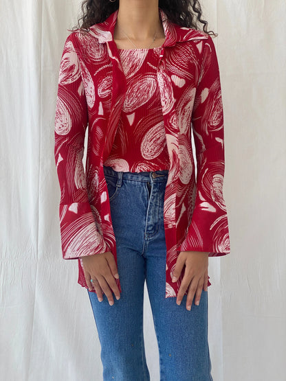 Vintage Jiabin Pleated Red & White Top & Cardigan Women’s Set - M - Balagan Vintage Cardigan 00s, cardigan, Celine, floral, Office core, women shirt