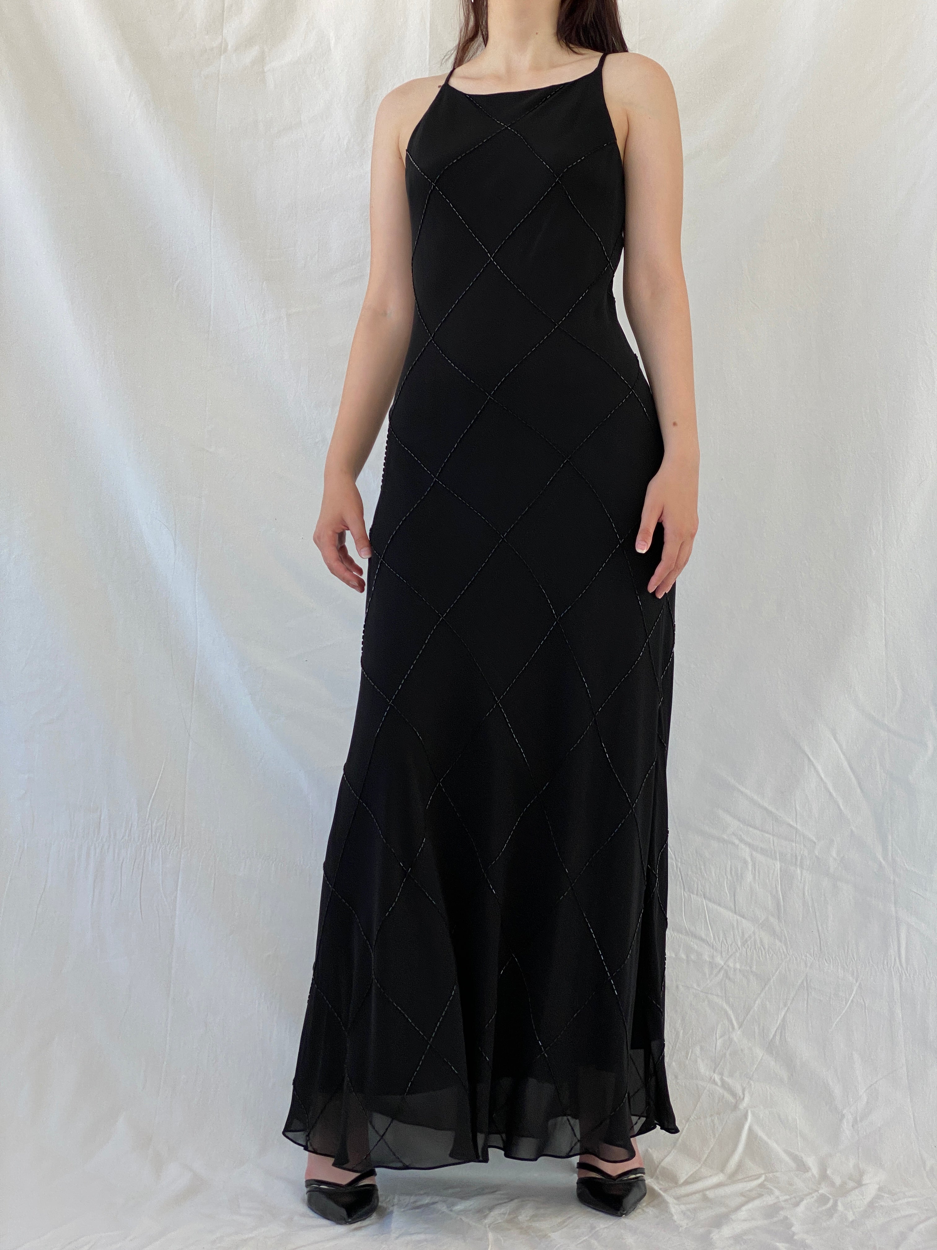 Vintage Jones New York Black Beaded Evening Gown 90s Formal Slip Dress - M - Balagan Vintage Maxi Dress 90s, Ayah, black dress, dress, gown, maxi dress, NEW IN, vintage dress, Wedding Guest