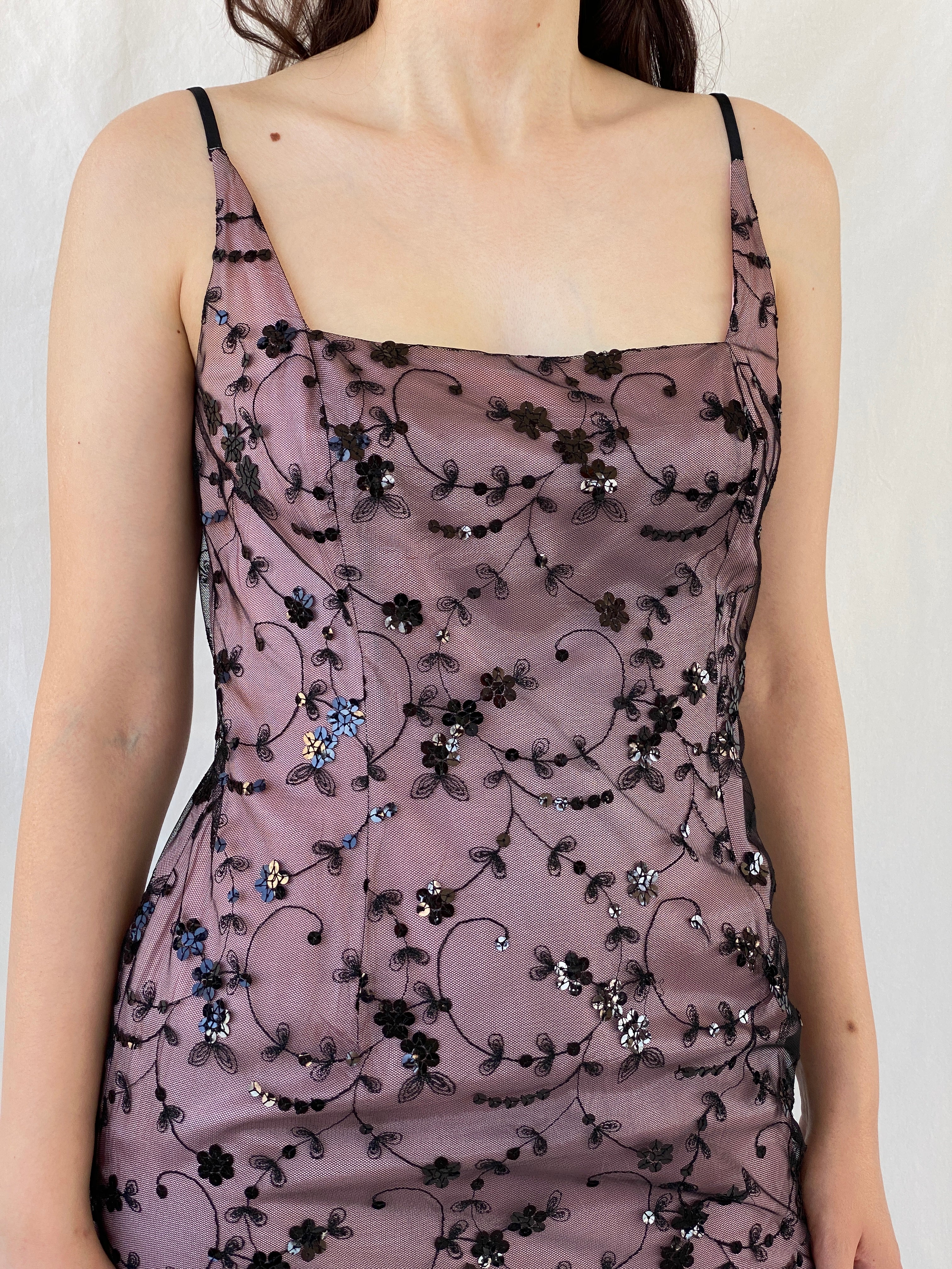 Vintage Jones New York Sequined Floral Pink Black Mesh Bodycon Short Dress - M - Balagan Vintage Midi Dress 90s, Ayah, consignment, dress, midi dress, NEW IN, Rand, vintage dress, Wedding Guest