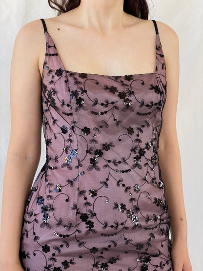 Vintage Jones New York Sequined Floral Pink Black Mesh Bodycon Short Dress - M - Balagan Vintage Midi Dress 90s, Ayah, consignment, dress, midi dress, NEW IN, Rand, vintage dress, Wedding Guest