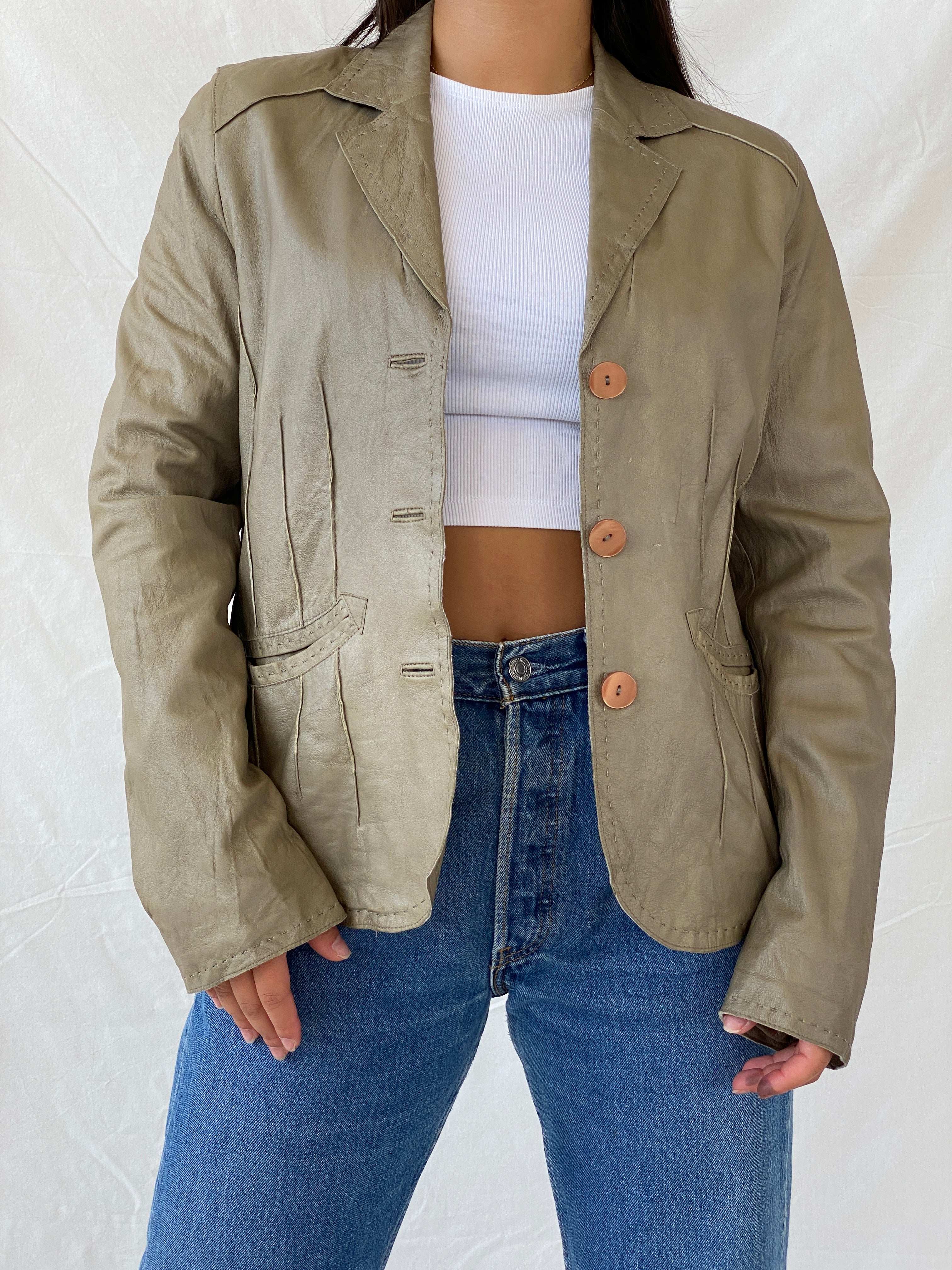 Vintage Julia S Roma Olive Green Genuine Leather Blazer - M - Balagan Vintage Leather Blazer 90s, genuine leather, Lana, leather blazer