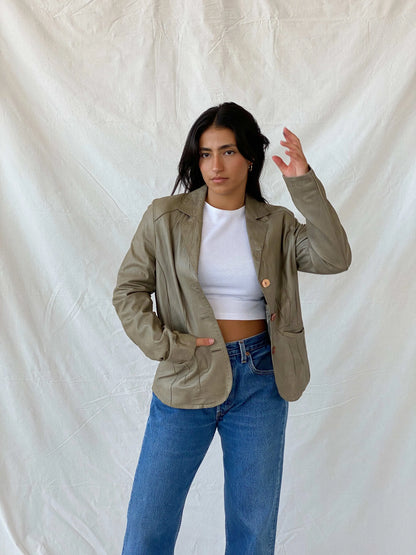 Vintage Julia S Roma Olive Green Genuine Leather Blazer - M - Balagan Vintage Leather Blazer 90s, Coats&Jackets, genuine leather, Lana, leather blazer, Women's Blazers
