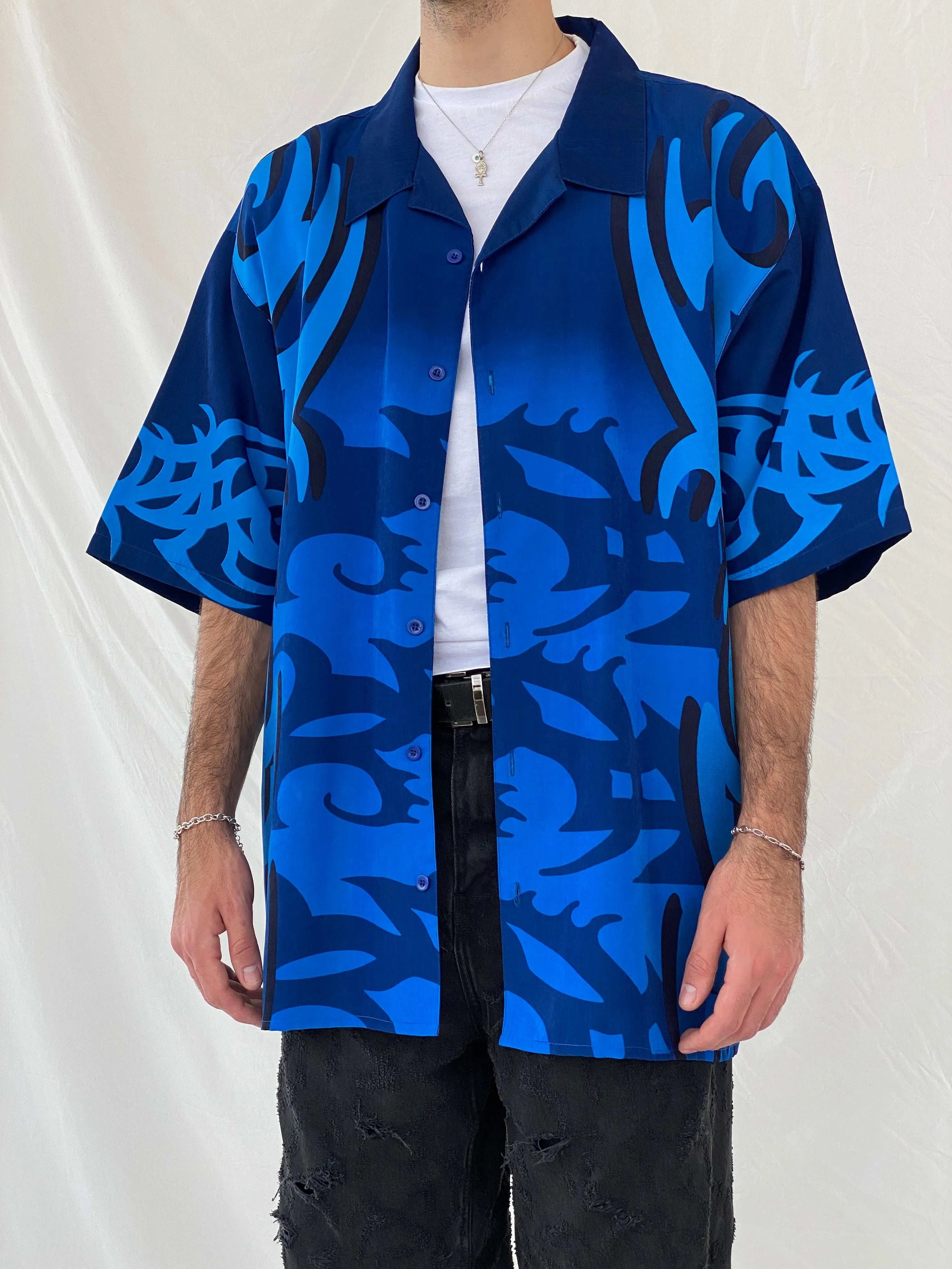 Vintage K.F1.O Navy Half Sleeve Shirt Size 2XL - Balagan Vintage Half Sleeve Shirt 00s, 90s, Awsam, half sleeve shirt, printed shirt