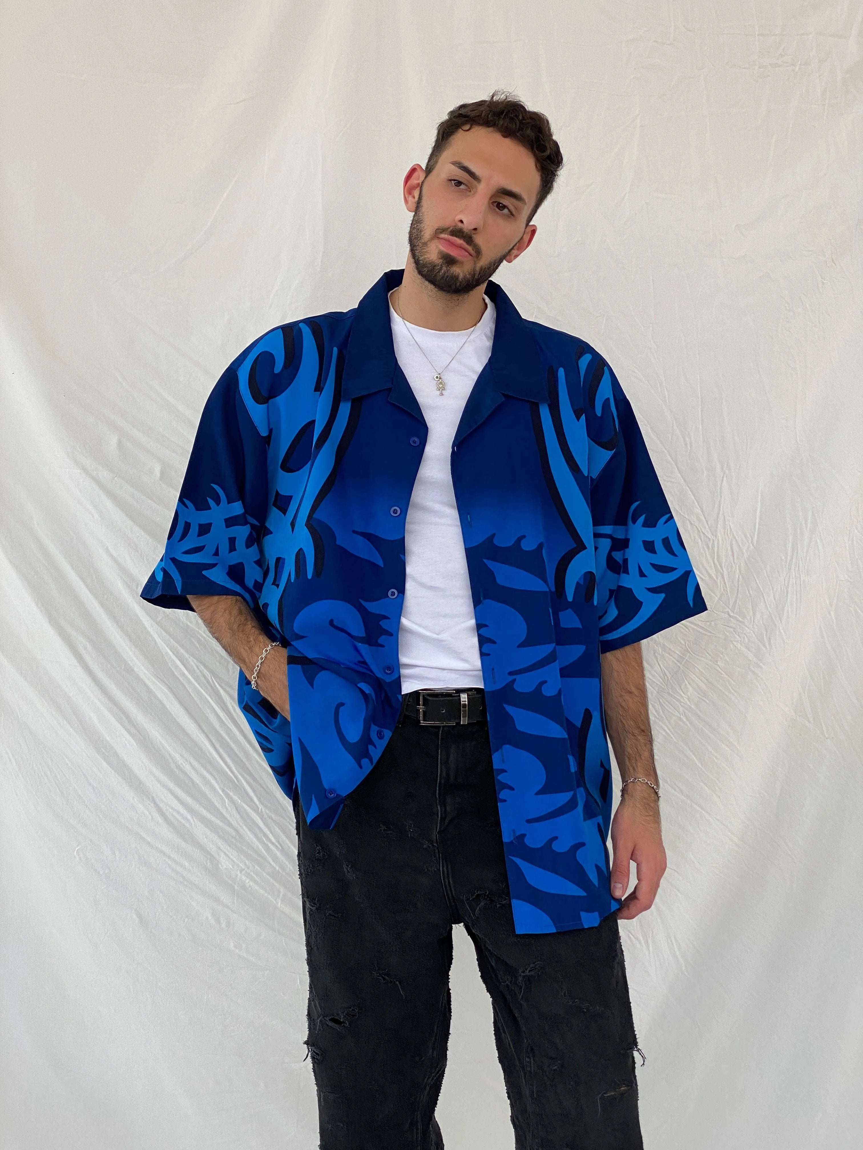 Vintage K.F1.O Navy Half Sleeve Shirt Size 2XL - Balagan Vintage Half Sleeve Shirt 00s, 90s, Awsam, half sleeve shirt, printed shirt