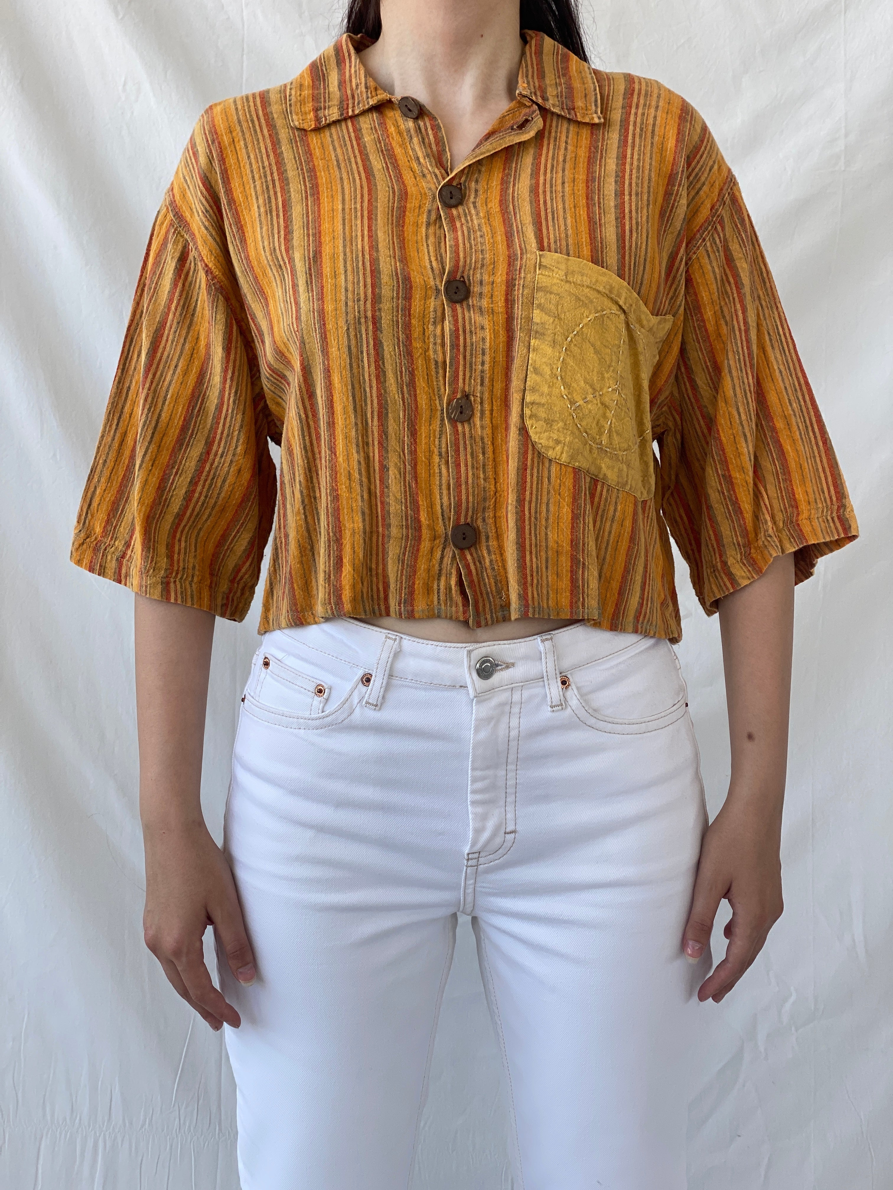 Vintage Kathmandu Imports Orange Striped Cropped Short Sleeve Shirt - M - Balagan Vintage Half Sleeve Shirt 00s, Ayah, cropped Hawaiian shirt, Cropped shirt, half sleeve shirt, NEW IN, summer