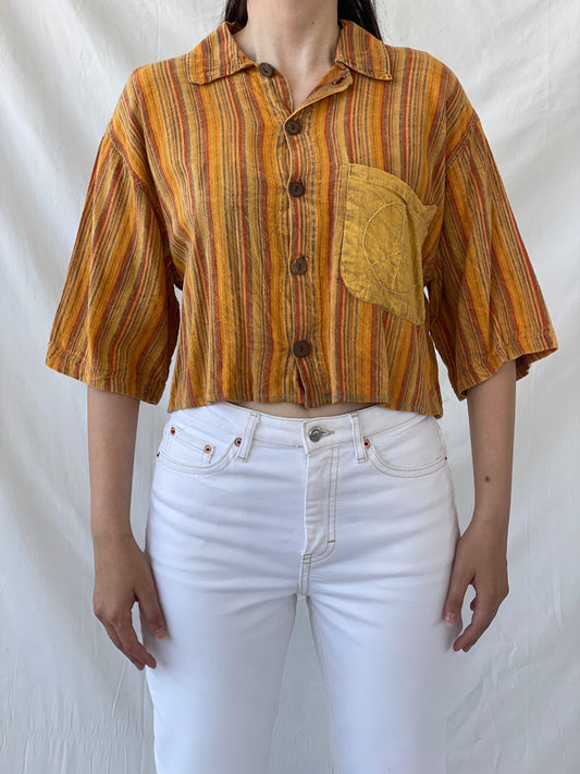 Vintage Kathmandu Imports Orange Striped Cropped Short Sleeve Shirt - M - Balagan Vintage Half Sleeve Shirt 00s, Ayah, cropped Hawaiian shirt, Cropped shirt, half sleeve shirt, NEW IN, summer