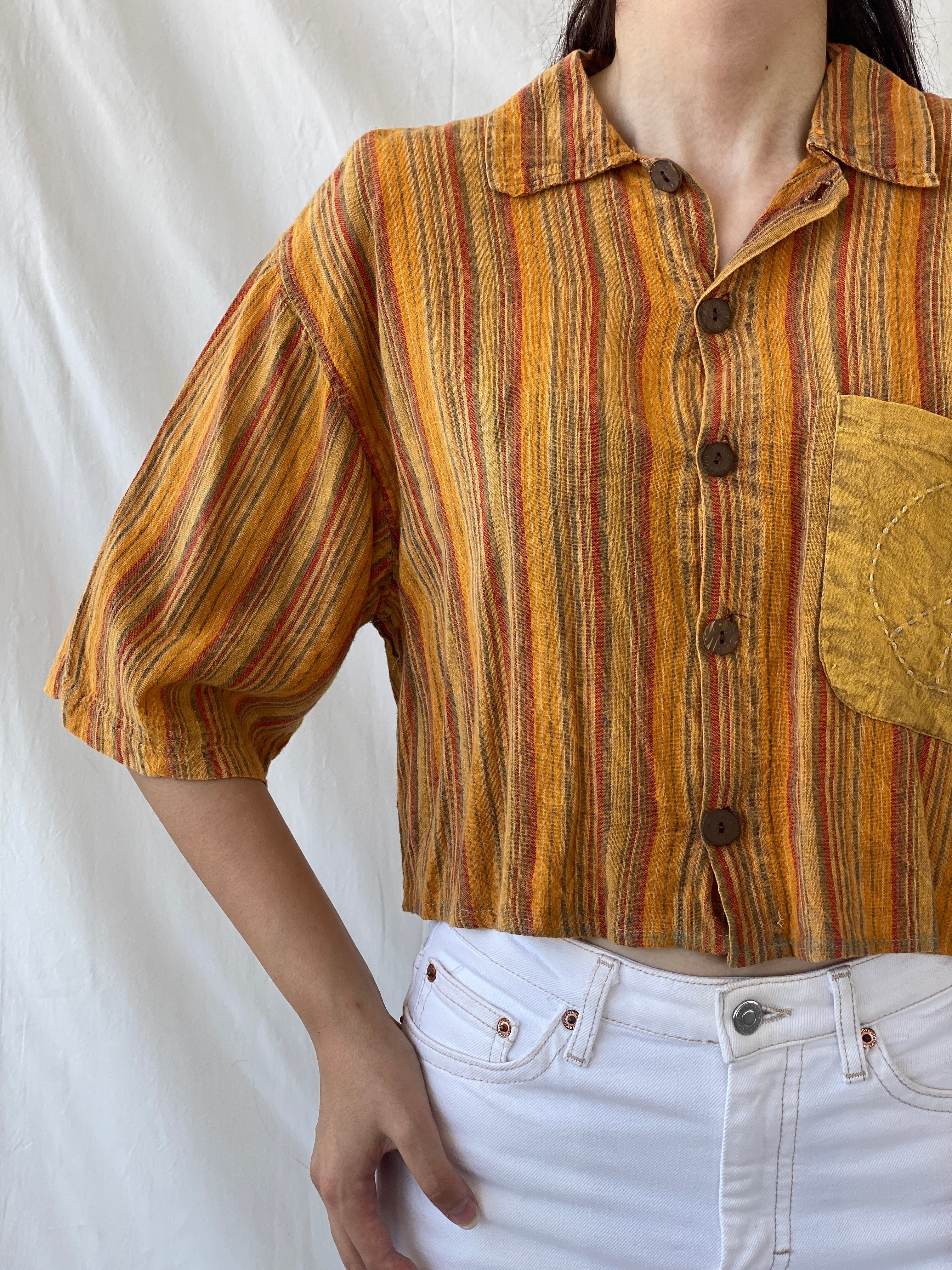 Vintage Kathmandu Imports Orange Striped Cropped Short Sleeve Shirt - M - Balagan Vintage Half Sleeve Shirt 00s, Ayah, cropped Hawaiian shirt, Cropped shirt, half sleeve shirt, NEW IN, summer