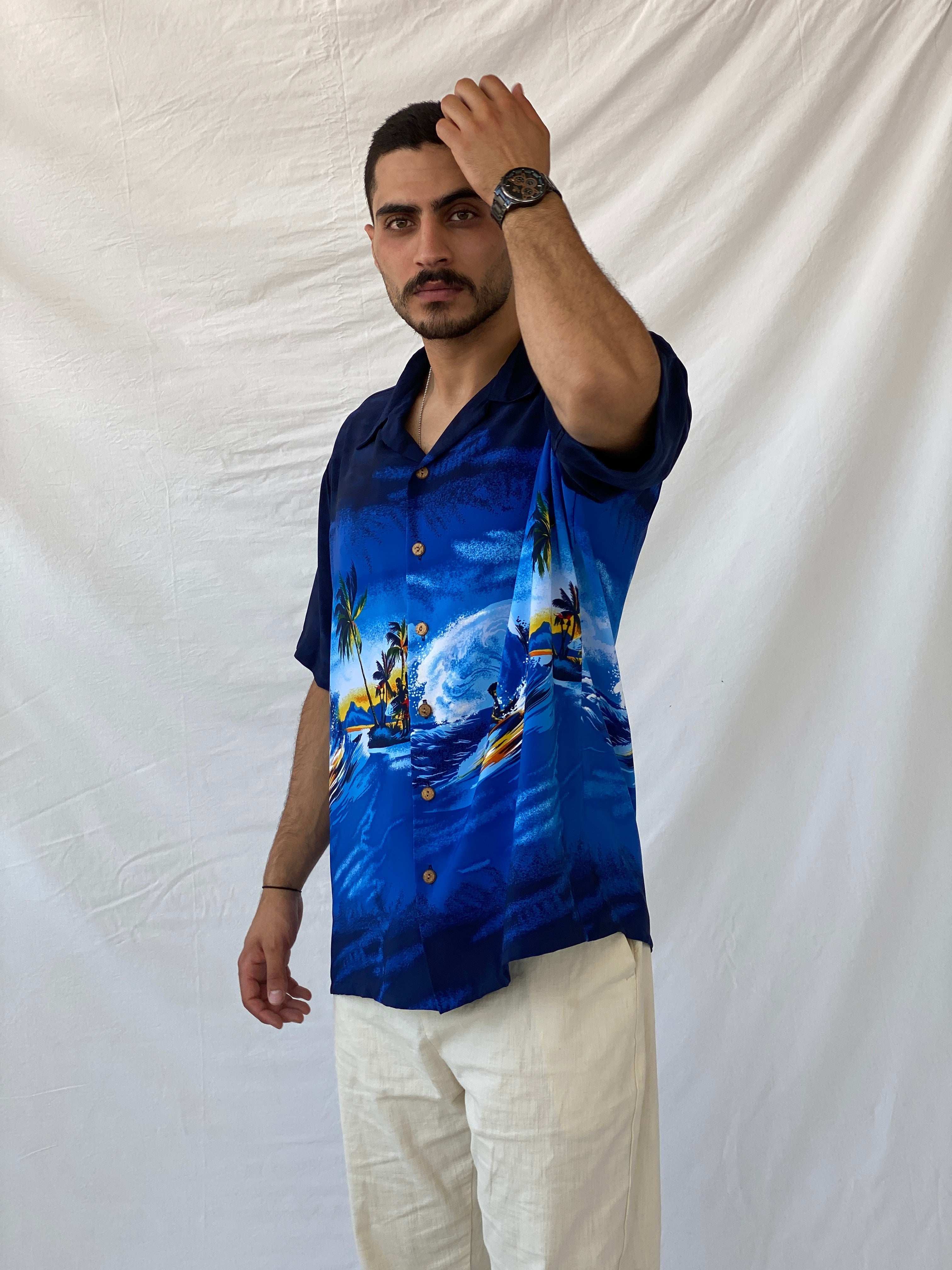 Vintage Kennington Hawaiian Half-Sleeve Blue Shirt - XL - Balagan Vintage Half Sleeve Top 90s, half sleeve shirt, Hawaiian shirt, mens shirt, printed shirt, Ramez