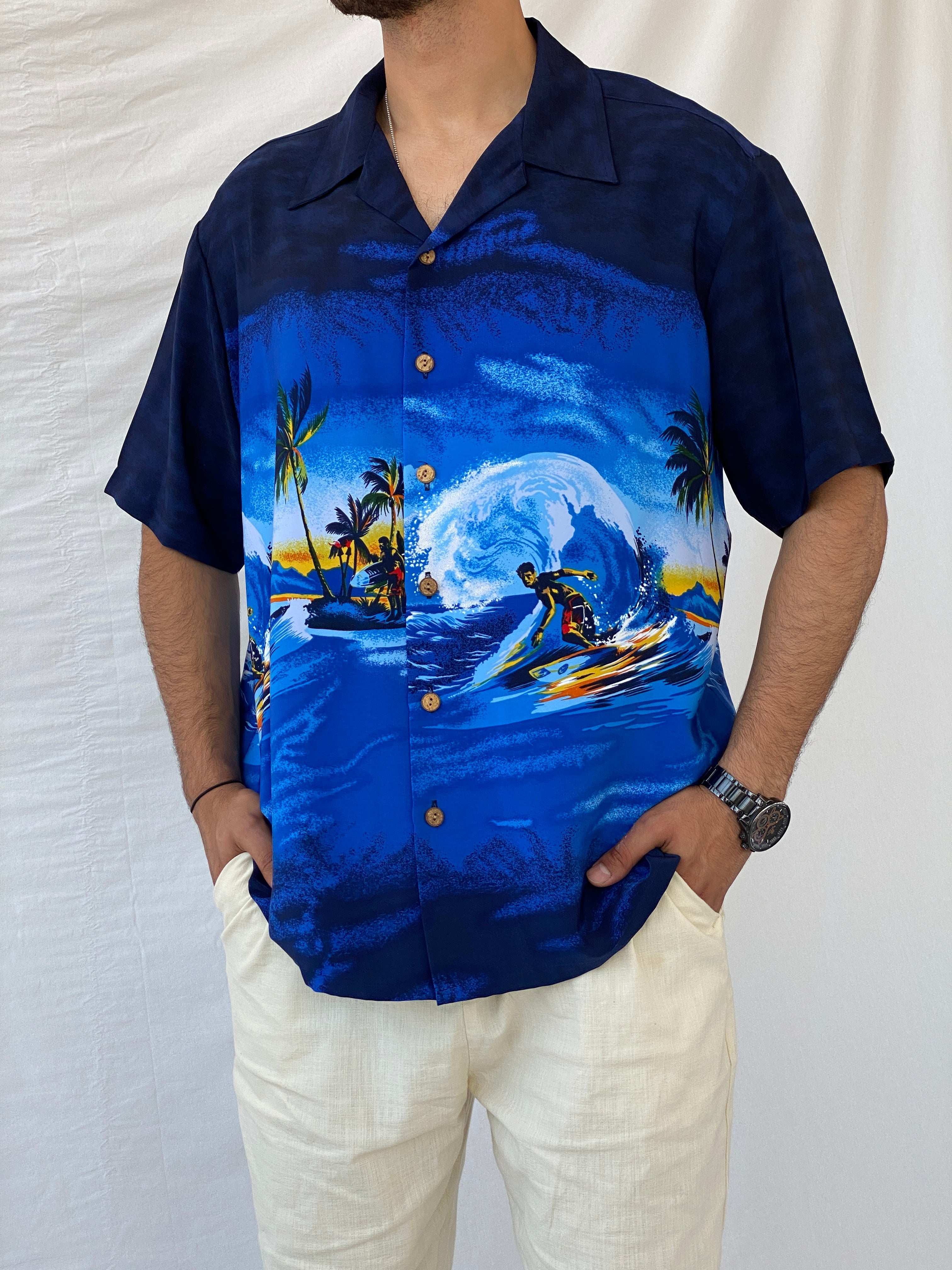 Vintage Kennington Hawaiian Half-Sleeve Blue Shirt - XL - Balagan Vintage Half Sleeve Top 90s, half sleeve shirt, Hawaiian shirt, mens shirt, printed shirt, Ramez