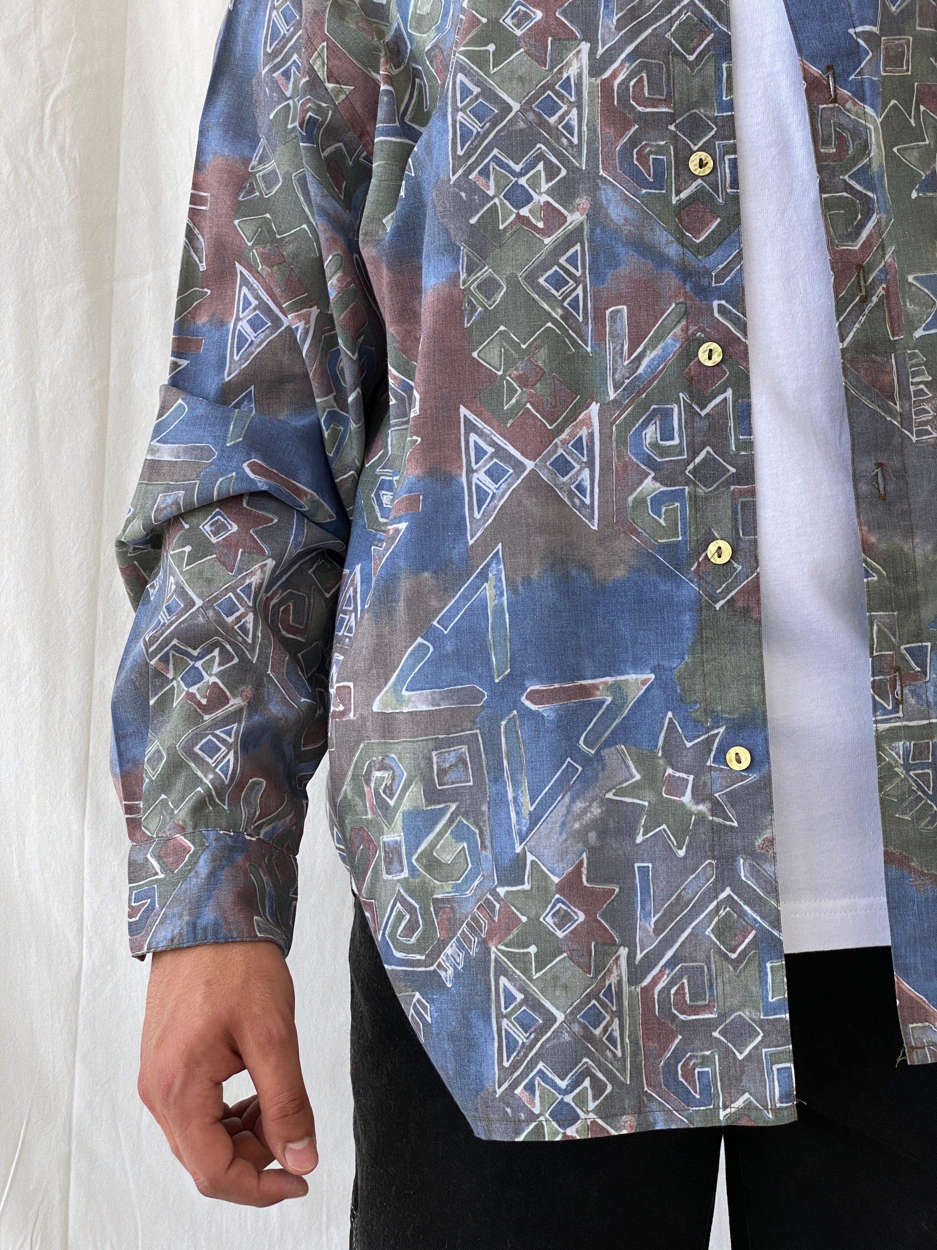 Vintage Ki////092 Clothing Company Men’s Tie-dye Geometric Print Long Sleeve Shirt - XL - Balagan Vintage Full Sleeve Shirt 90s, full sleeve shirt, geometric print, mens shirt, printed shirt, Ramez, silk