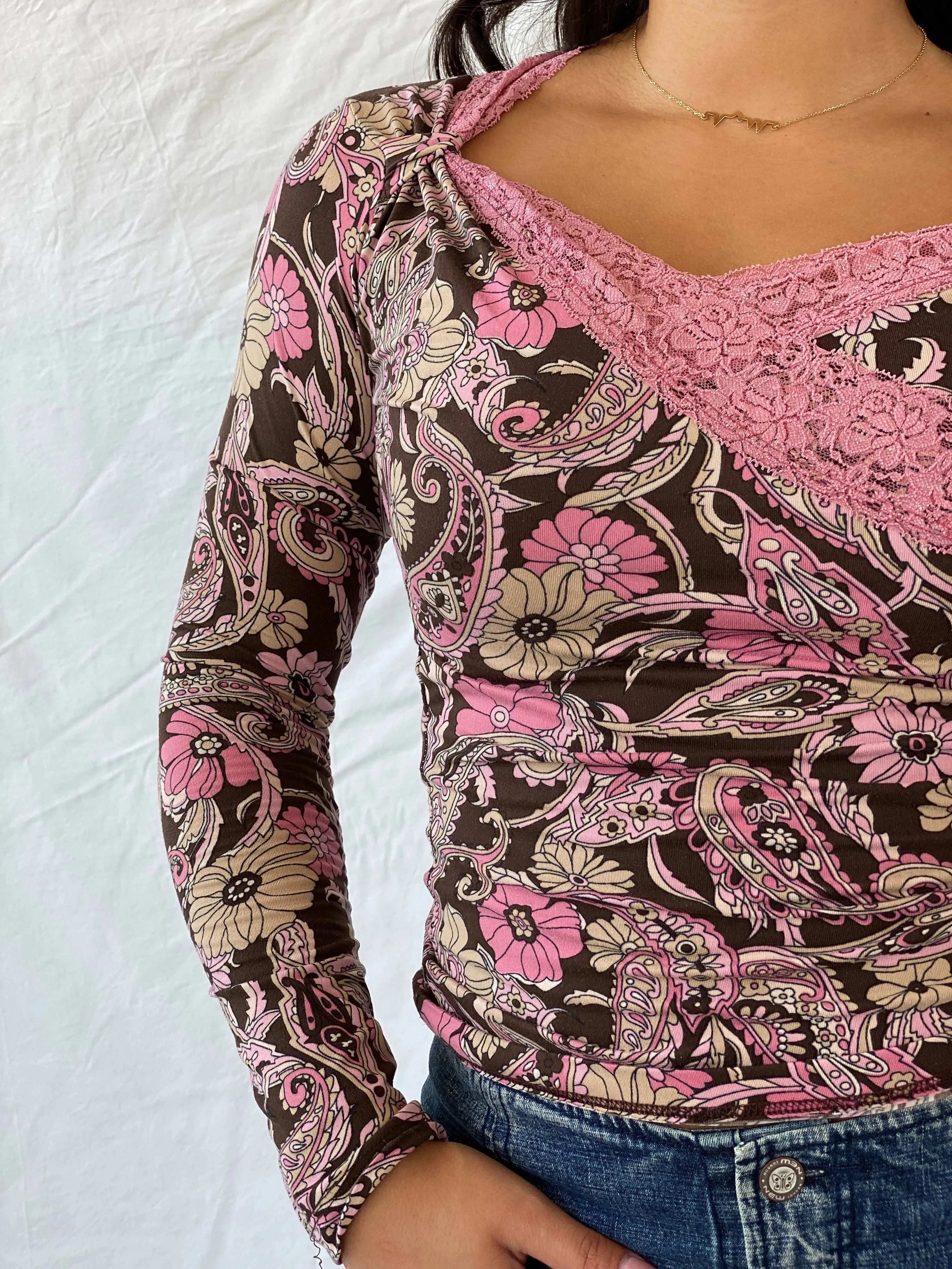 Vintage KIKI RIKI Brown and Pink Long Sleeve Floral Top - M - Balagan Vintage Full Sleeve Top 90s, floral top, full sleeve top, Lana, mesh top