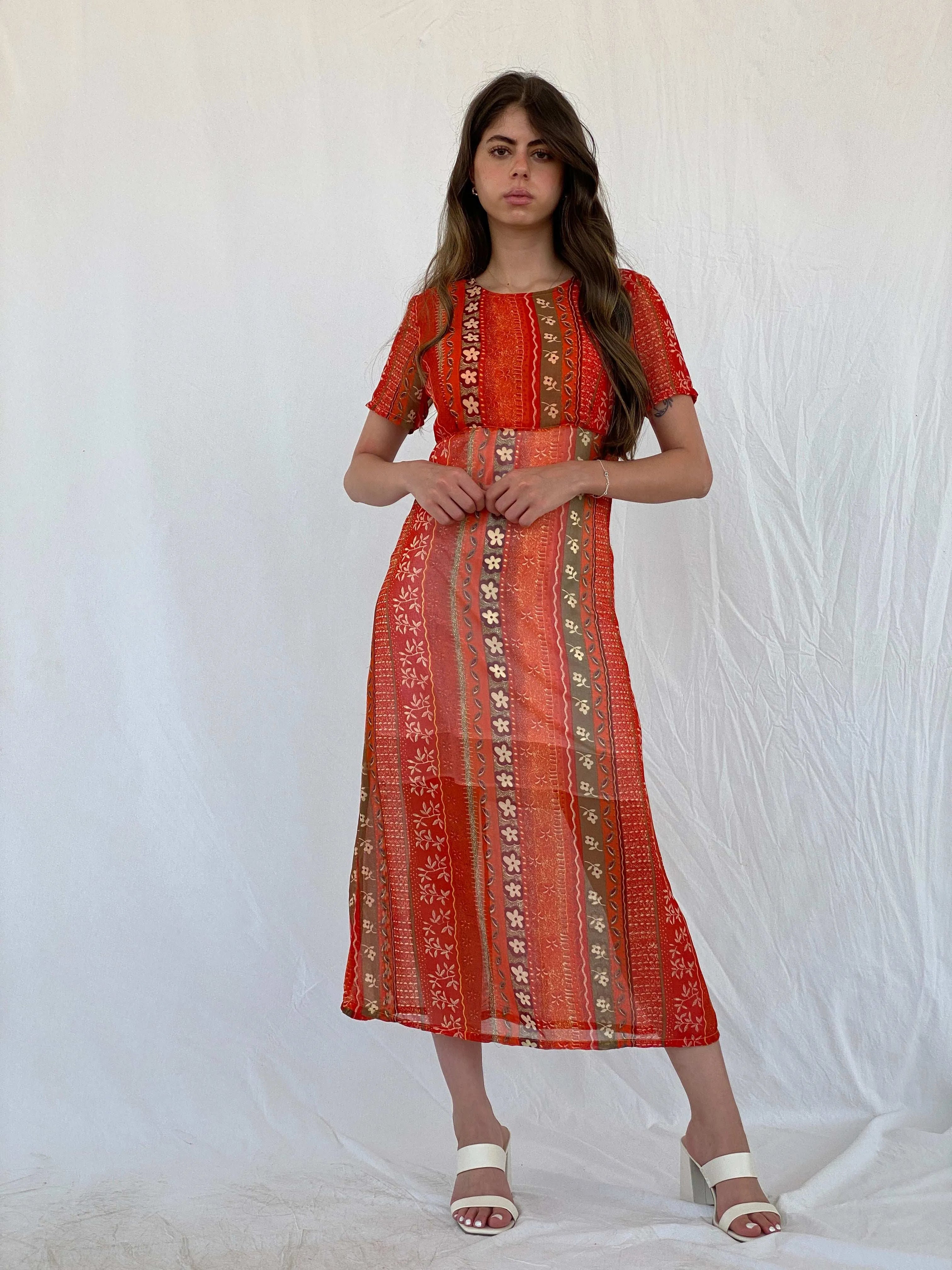 Vintage Kitty-K Orange Sheer Boho Print Midi Dress - M - Balagan Vintage Midi Dress 00s, 90s, midi dress, Mira, sheer