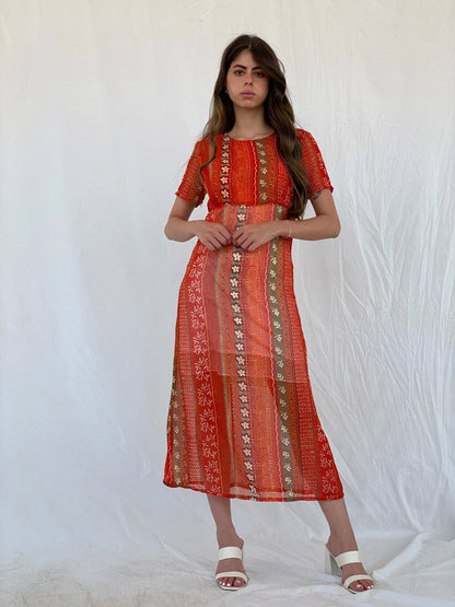 Vintage Kitty-K Orange Sheer Boho Print Midi Dress - M - Balagan Vintage Midi Dress 00s, 90s, midi dress, Mira, sheer