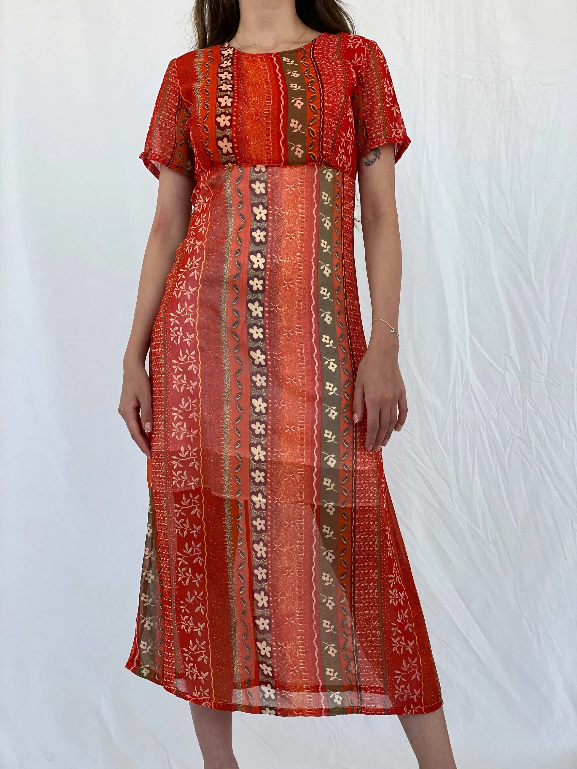 Vintage Kitty-K Orange Sheer Boho Print Midi Dress - M - Balagan Vintage Midi Dress 00s, 90s, midi dress, Mira, sheer