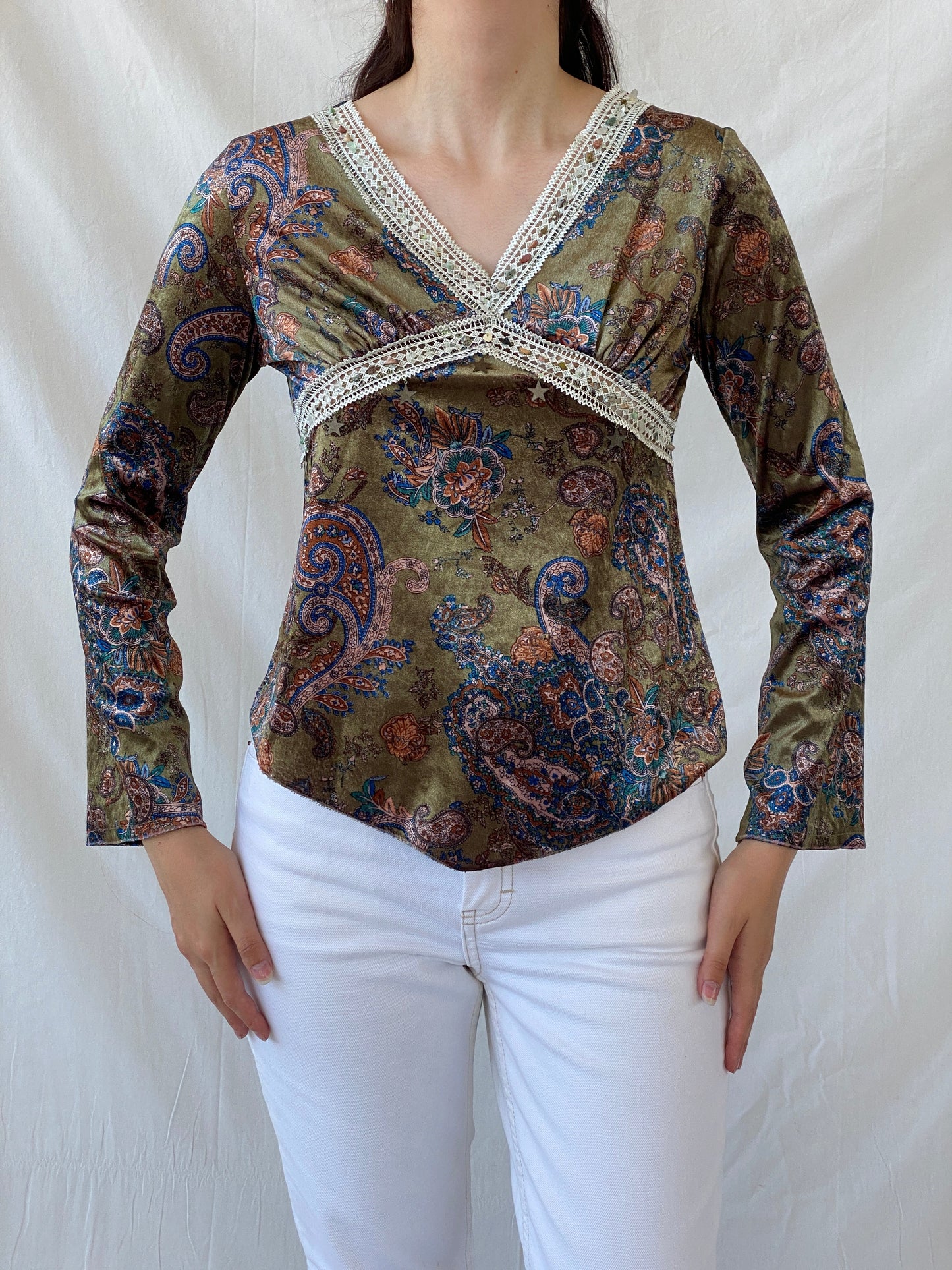 Vintage KLIMAN Collection Green Velvet Paisley Print Beaded Boho Long Sleeve Women’s Top - L - Balagan Vintage Full Sleeve Top 90s, Ayah, beaded, Boho, NEW IN, summer, velvet, velvet top, women top