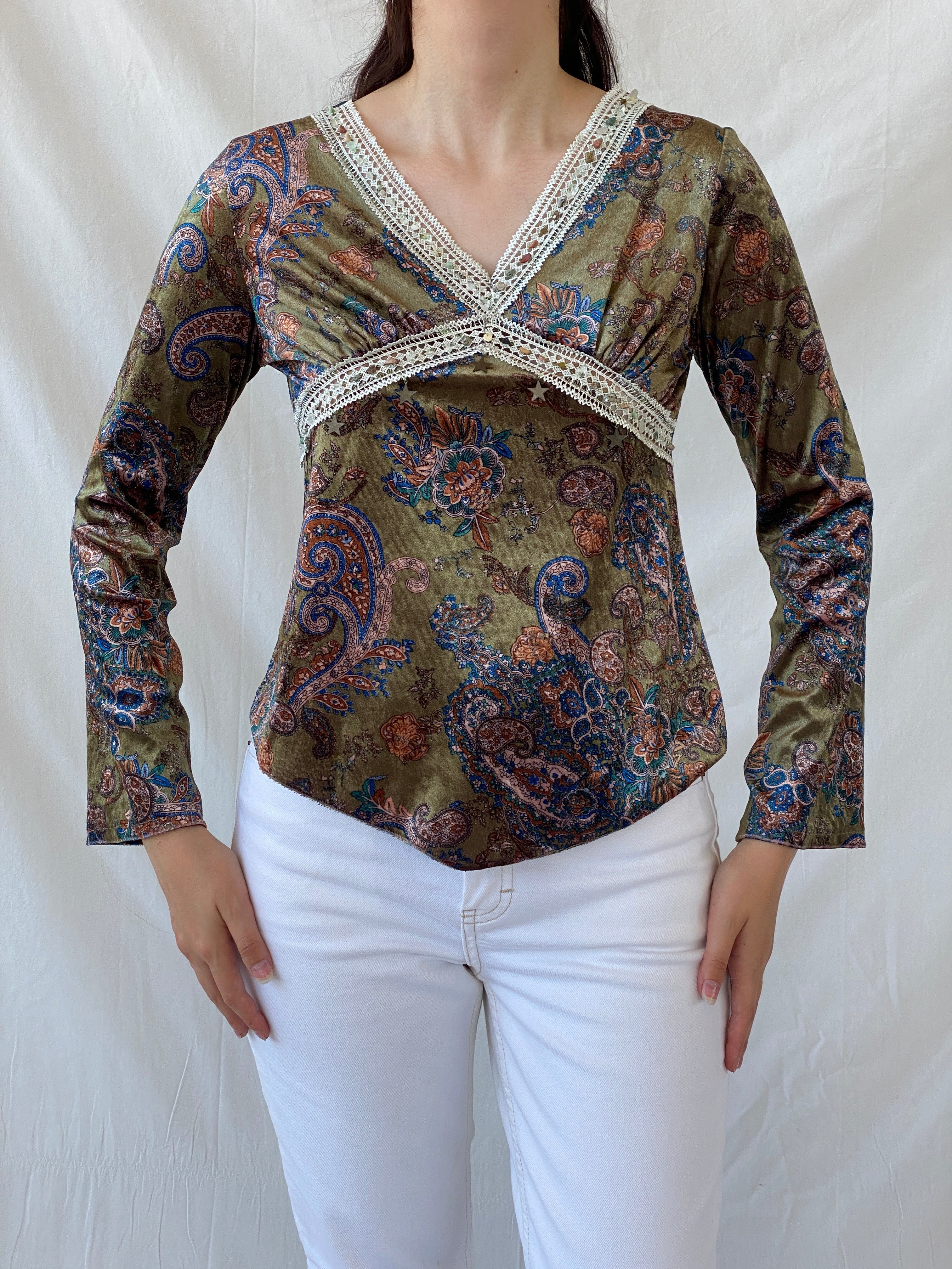Vintage KLIMAN Collection Green Velvet Paisley Print Beaded Boho Long Sleeve Women’s Top - L - Balagan Vintage Full Sleeve Top 90s, Ayah, beaded, Boho, NEW IN, summer, velvet, velvet top, women top