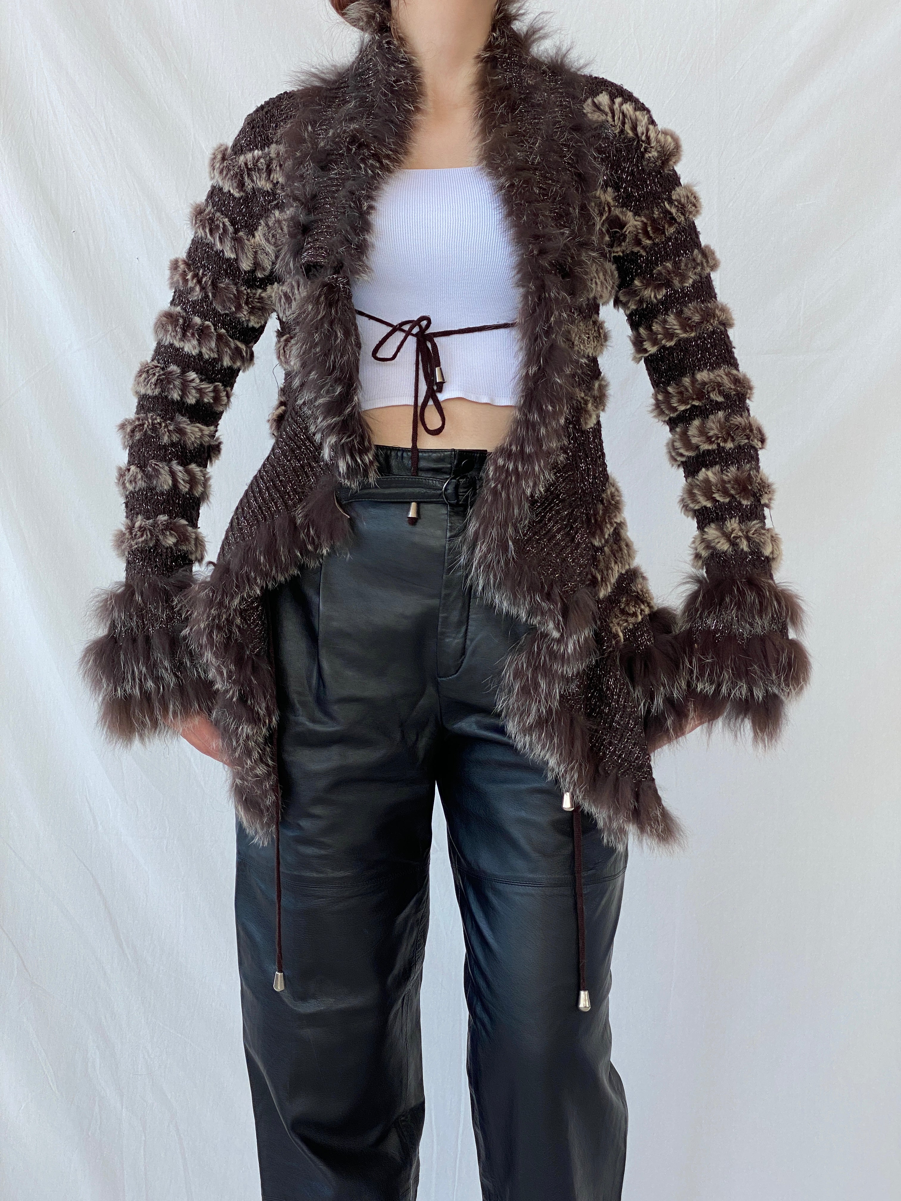 Vintage Knit Rabbit & Fox Fur Brown Cardigan Jacket - S - Balagan Vintage Cardigan Ayah, cardigan, fur, fur jacket, knitted cardigan, rare find, rare vintage