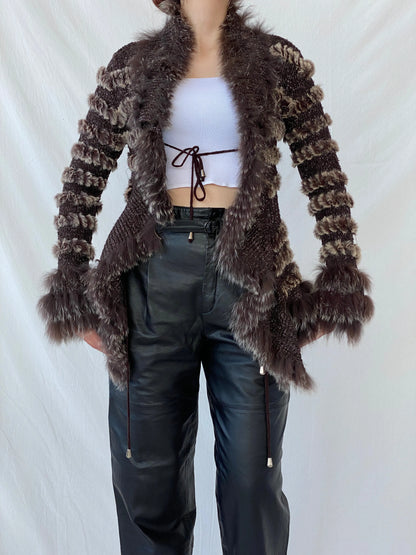 Vintage Knit Rabbit & Fox Fur Brown Cardigan Jacket - S - Balagan Vintage Cardigan Ayah, cardigan, fur, fur jacket, knitted cardigan, rare find, rare vintage