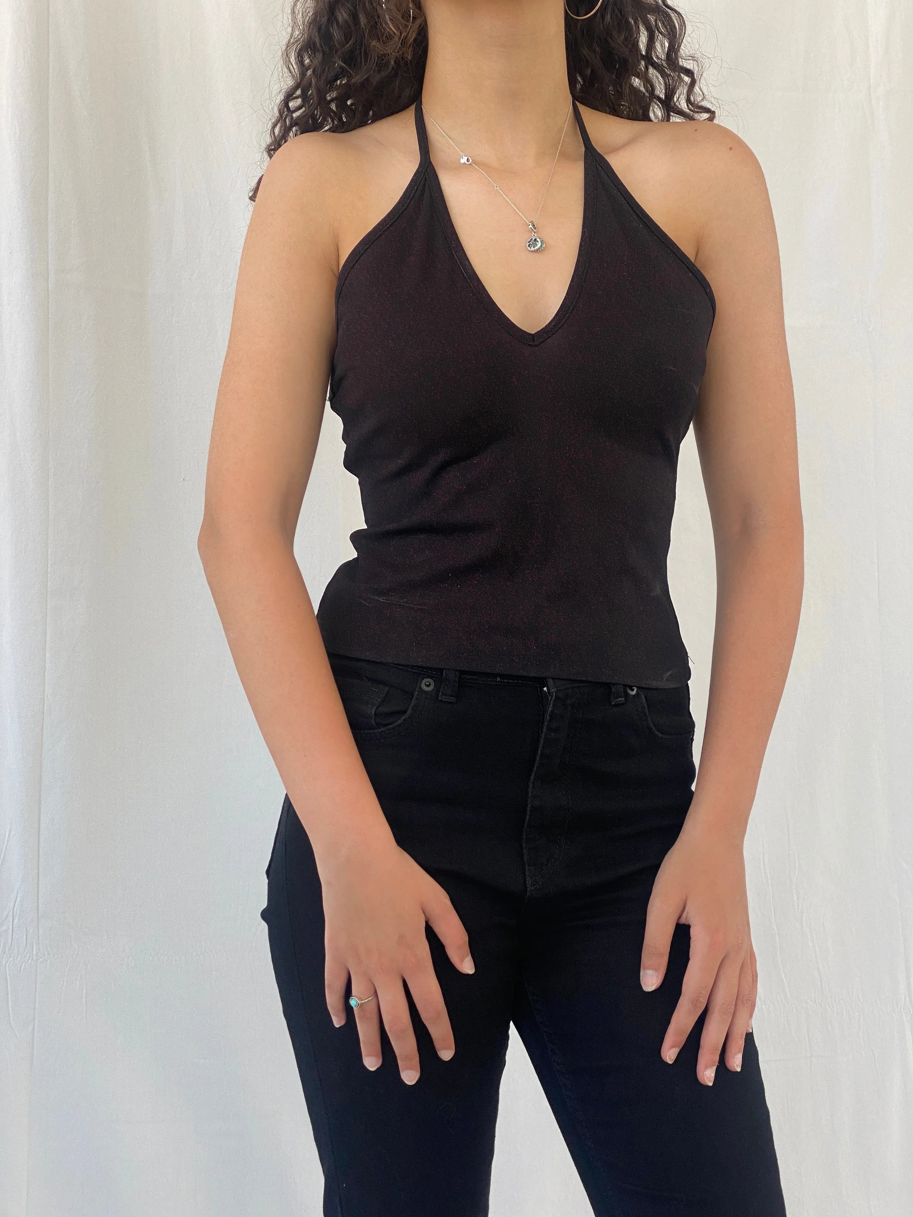 Vintage LA City Black Shimmery Red Halter Top - M - Balagan Vintage Halter Top 00s, Celine, halter top, women top