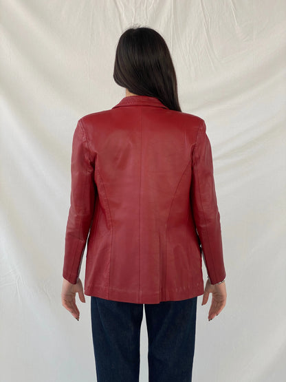 Vintage Lapin Red Genuine Leather Buttoned Blazer Jacket - S - Balagan Vintage Leather Blazer 90s, Coats&Jackets, genuine leather, leather blazer, red leather, Syntia, winter, Women's Blazers, Women's Leather Jackets
