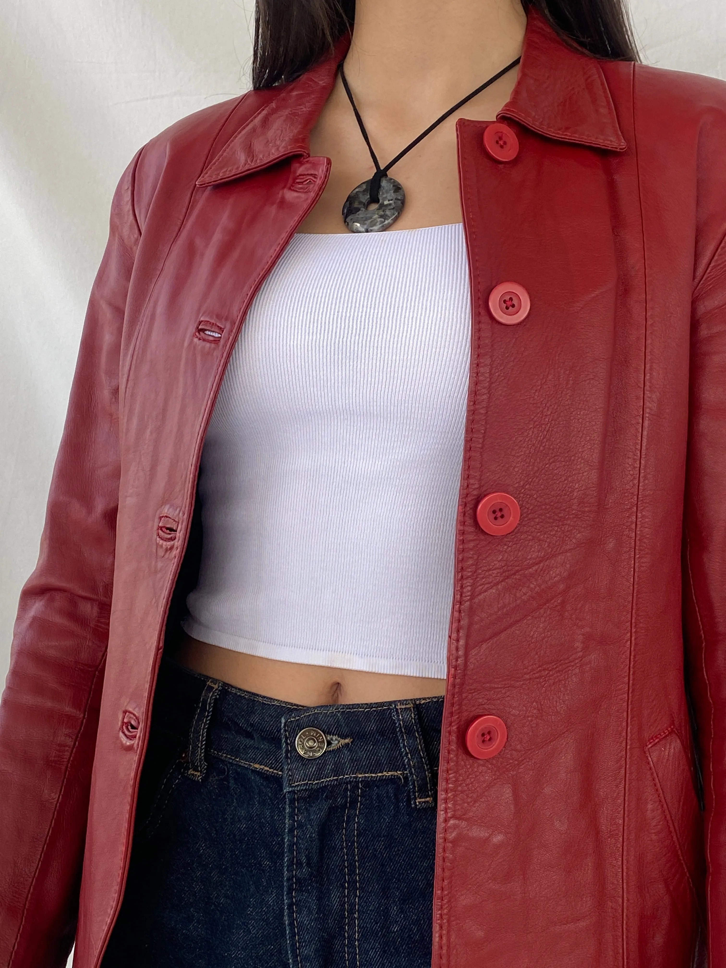 Vintage Lapin Red Genuine Leather Buttoned Blazer Jacket - S - Balagan Vintage Leather Blazer 90s, Coats&Jackets, genuine leather, leather blazer, red leather, Syntia, winter, Women's Blazers, Women's Leather Jackets