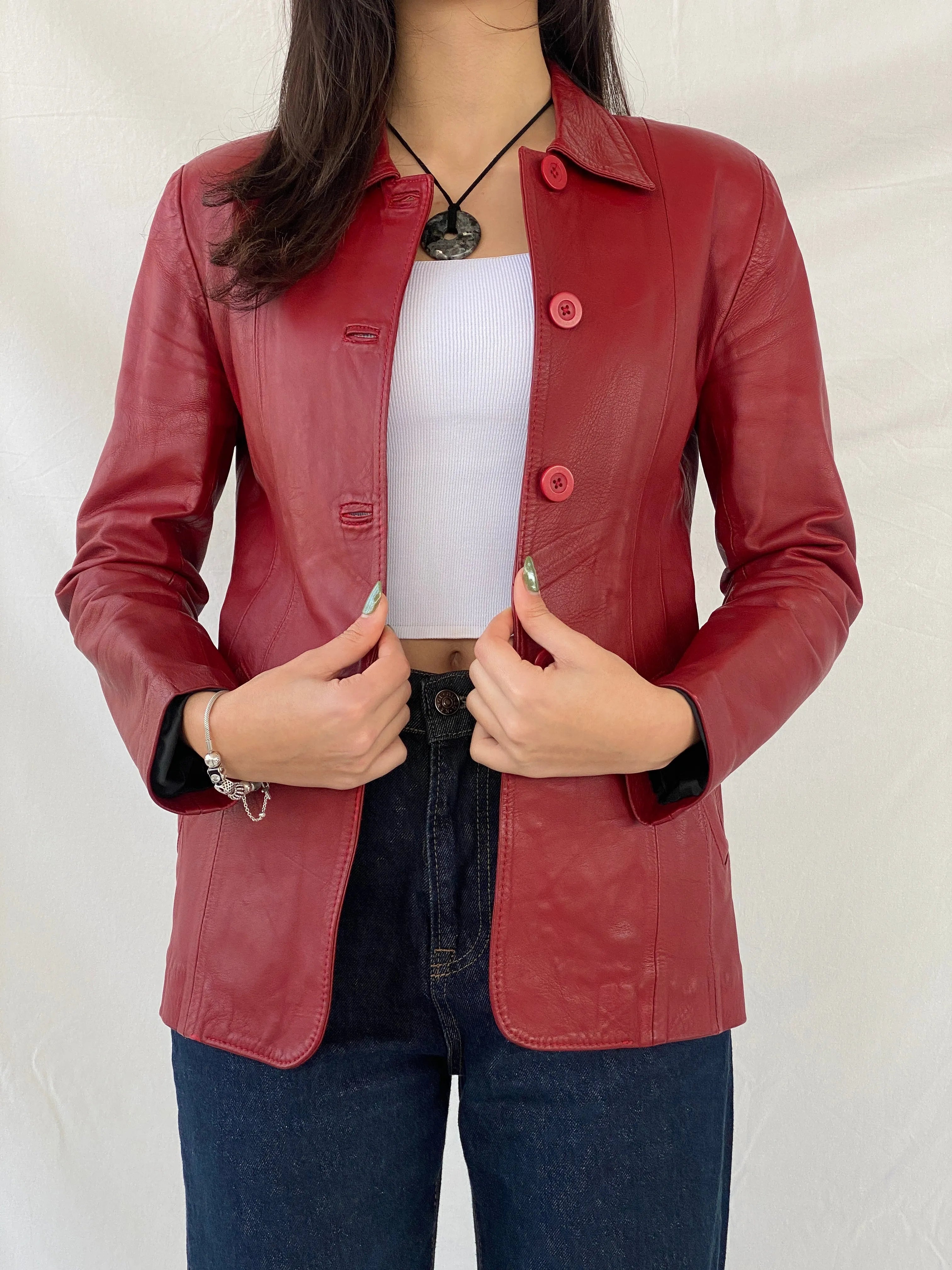Vintage Lapin Red Genuine Leather Buttoned Blazer Jacket - S - Balagan Vintage Leather Blazer 90s, Coats&Jackets, genuine leather, leather blazer, red leather, Syntia, winter, Women's Blazers, Women's Leather Jackets