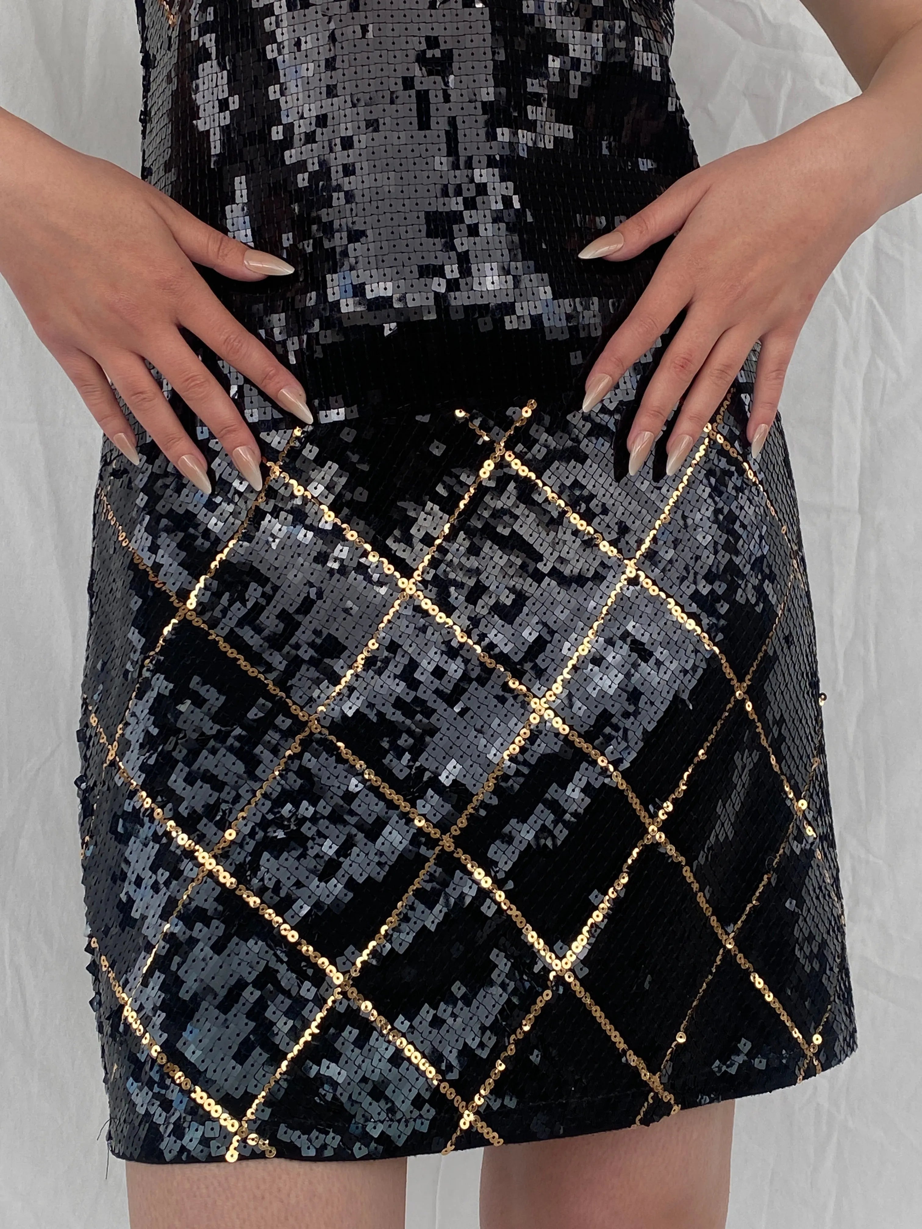 Vintage Lauren Michelle Black & Gold Sequin Midi Party Dress - M - Balagan Vintage Midi Dress 90s, 90s dress, Ayah, dress, shimmer