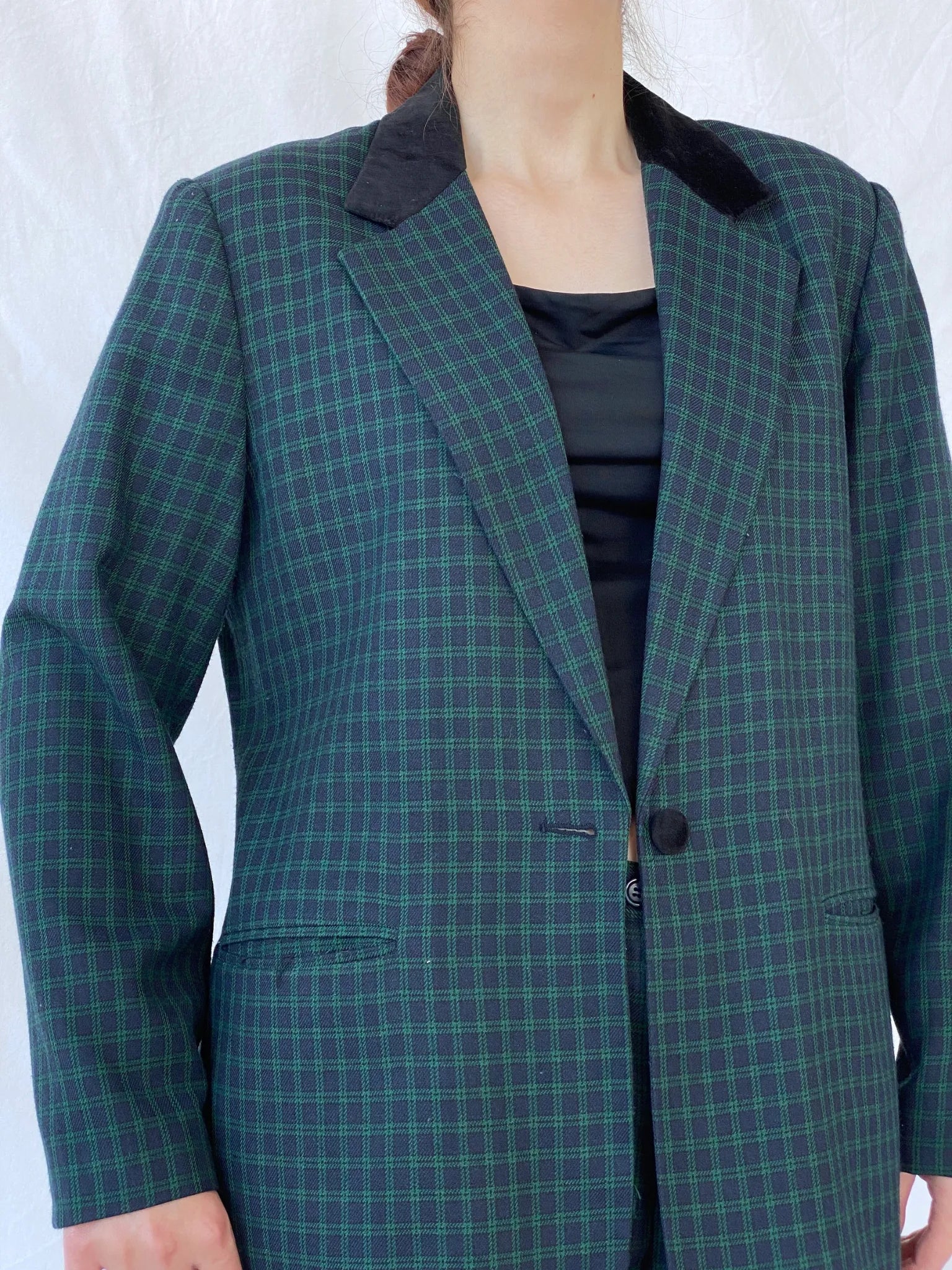 Vintage LESLIE FAY Sportswear Black and Green Plaid Blazer Pants Power Suit Set - XL - Balagan Vintage Maxi Dress 80s, 90s, Ayah, blazer, consignment, Melika, plaid, plaid blazer, tweed blazer